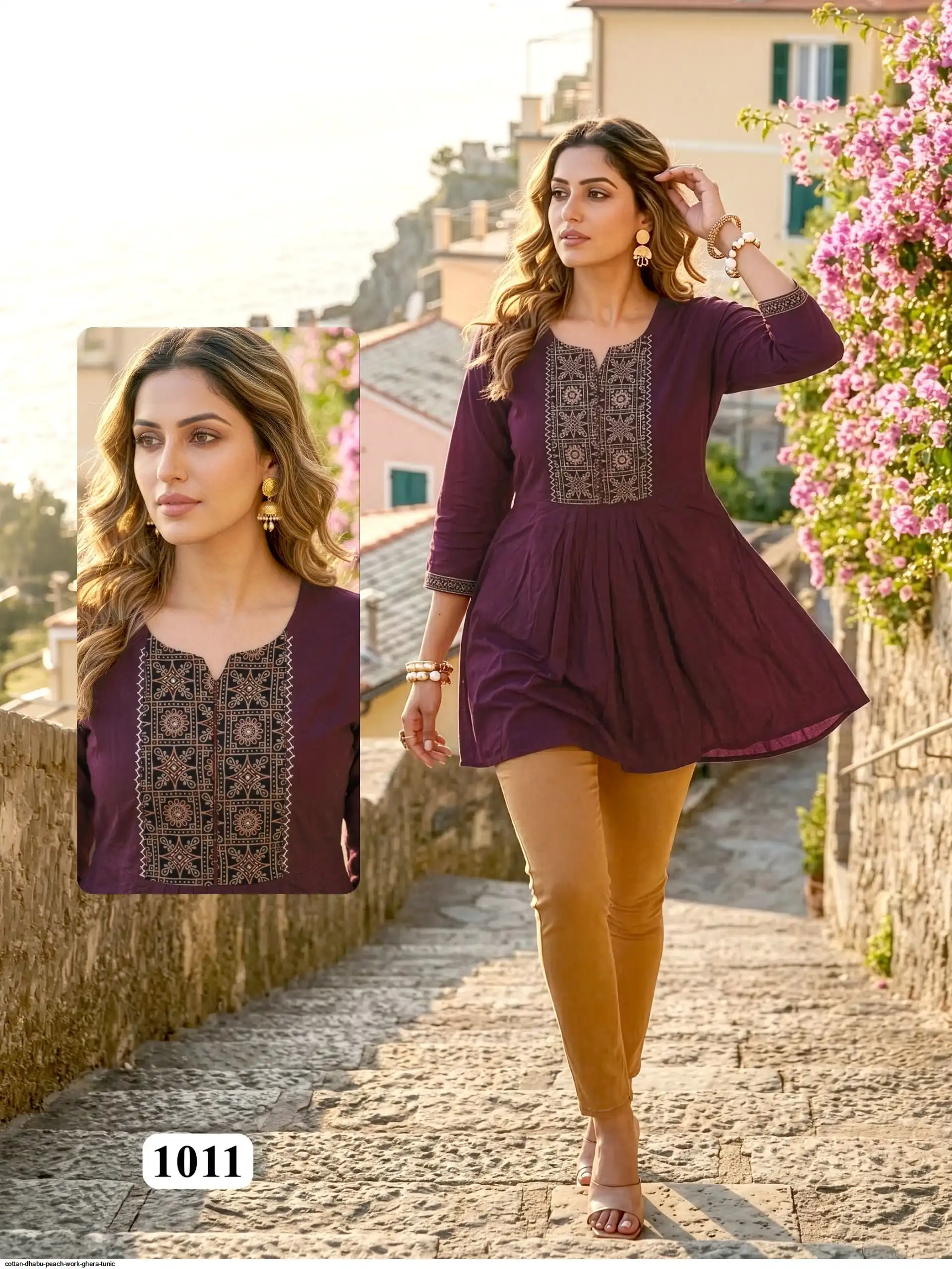 COTTAN DHABU PEACH WORK GHERA TUNIC J