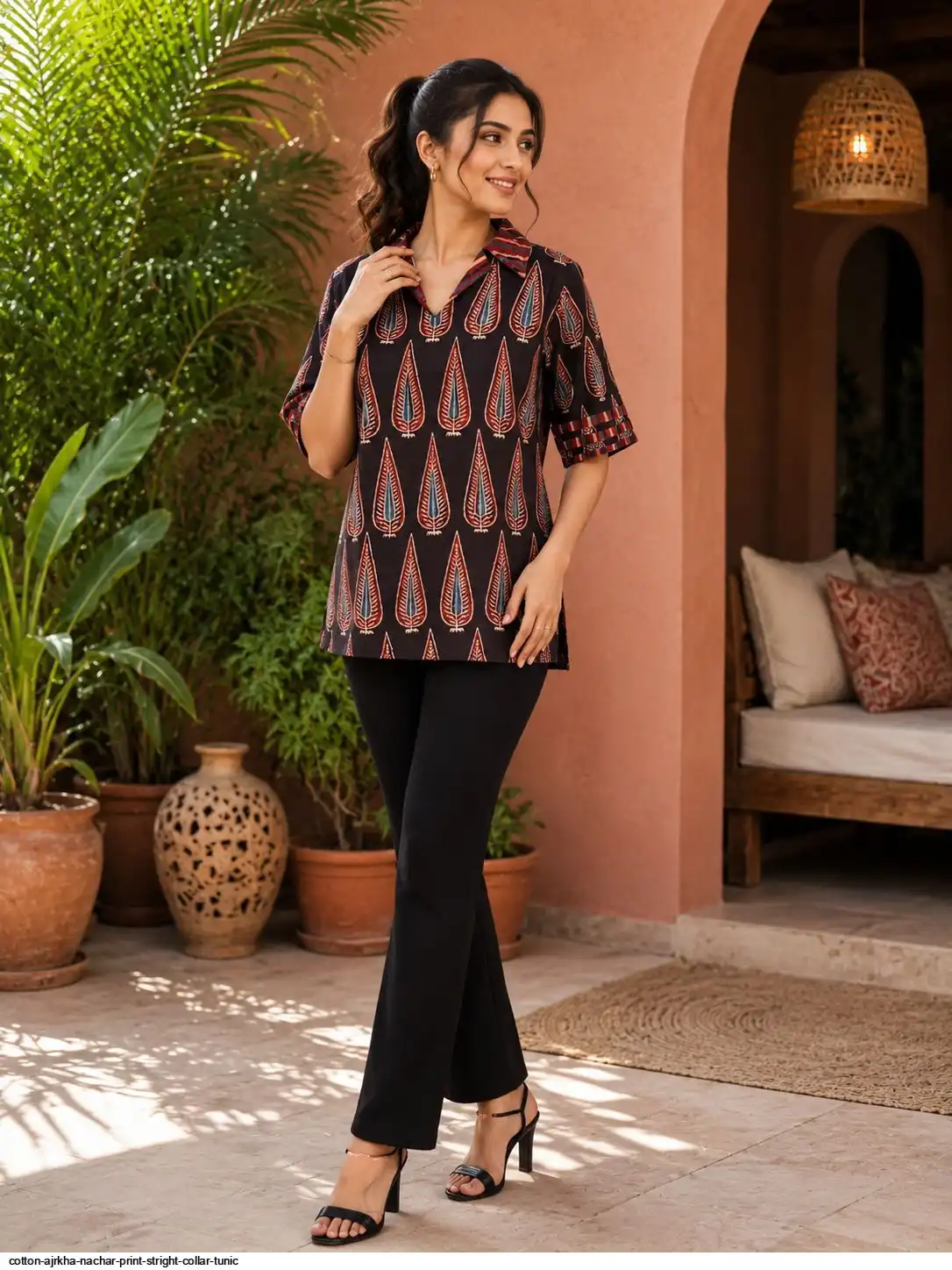 COTTON AJRKHA NACHAR PRINT STRIGHT COLLAR TUNIC B