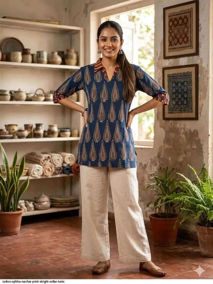 COTTON AJRKHA NACHAR PRINT STRIGHT COLLAR TUNIC D