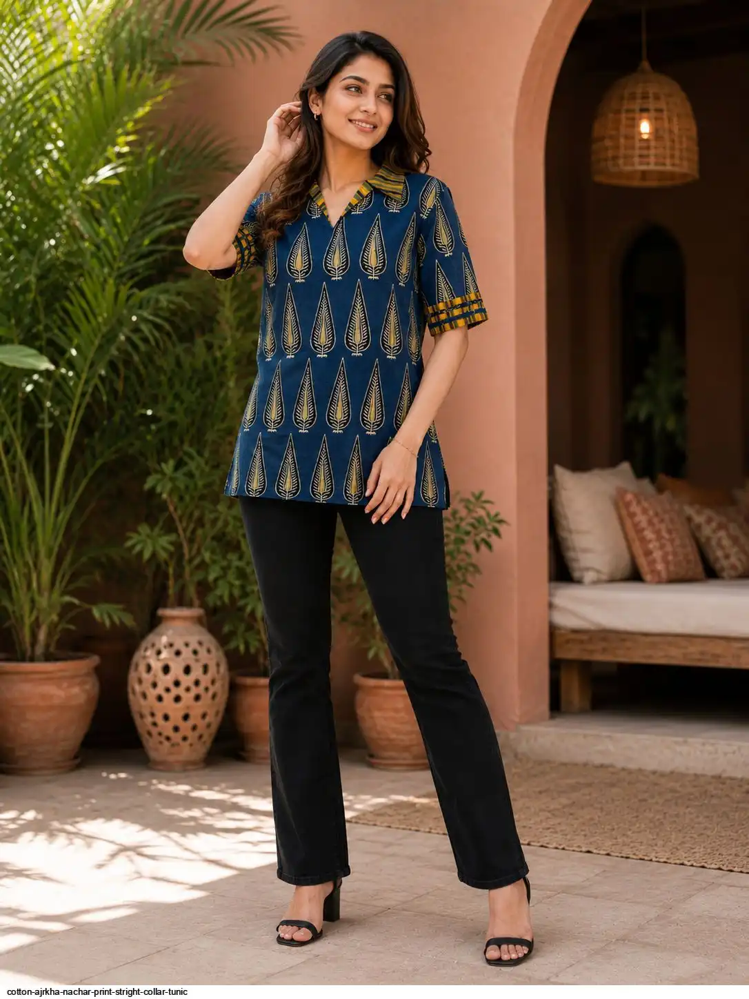 COTTON AJRKHA NACHAR PRINT STRIGHT COLLAR TUNIC C