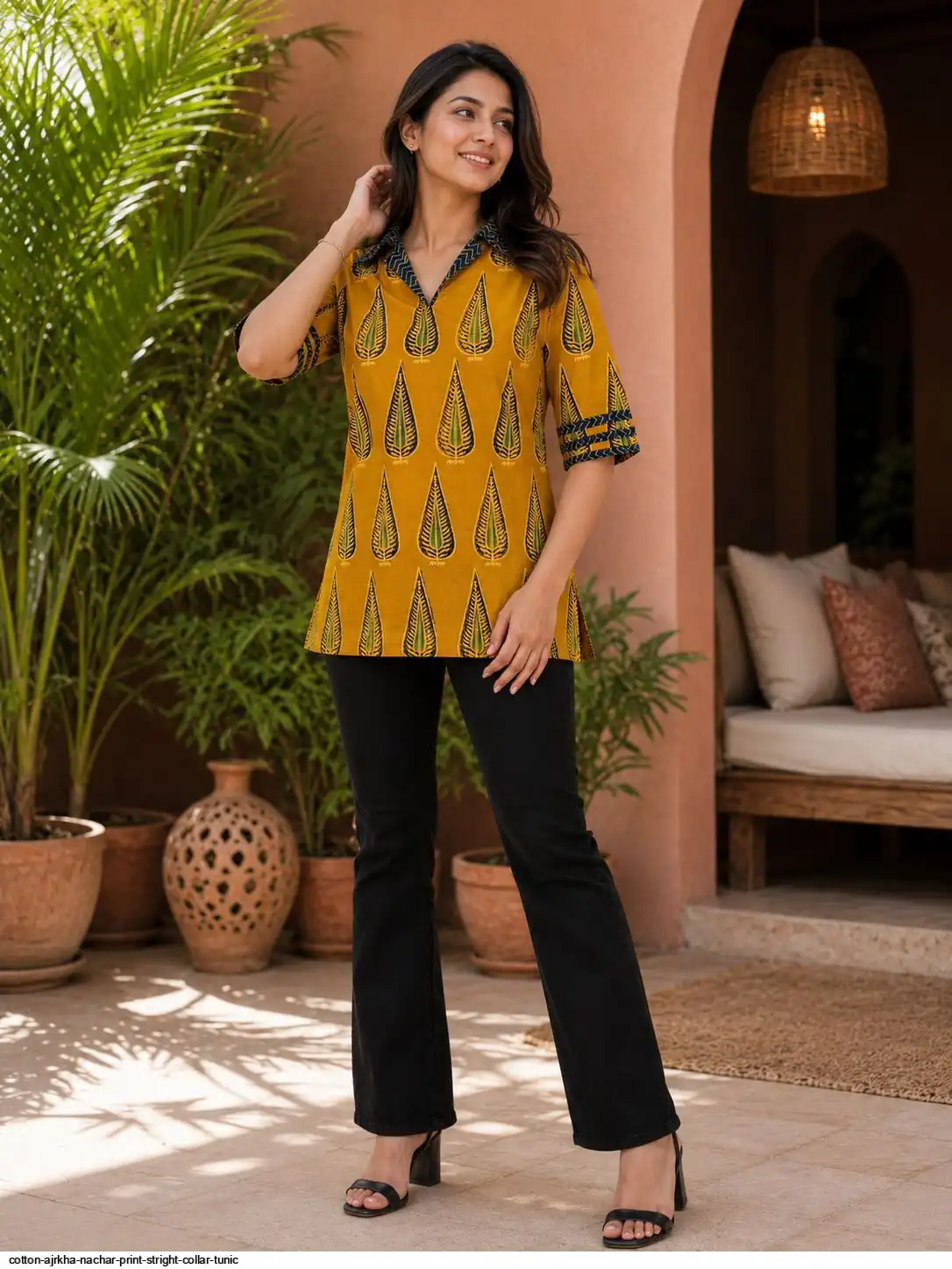 COTTON AJRKHA NACHAR PRINT STRIGHT COLLAR TUNIC E
