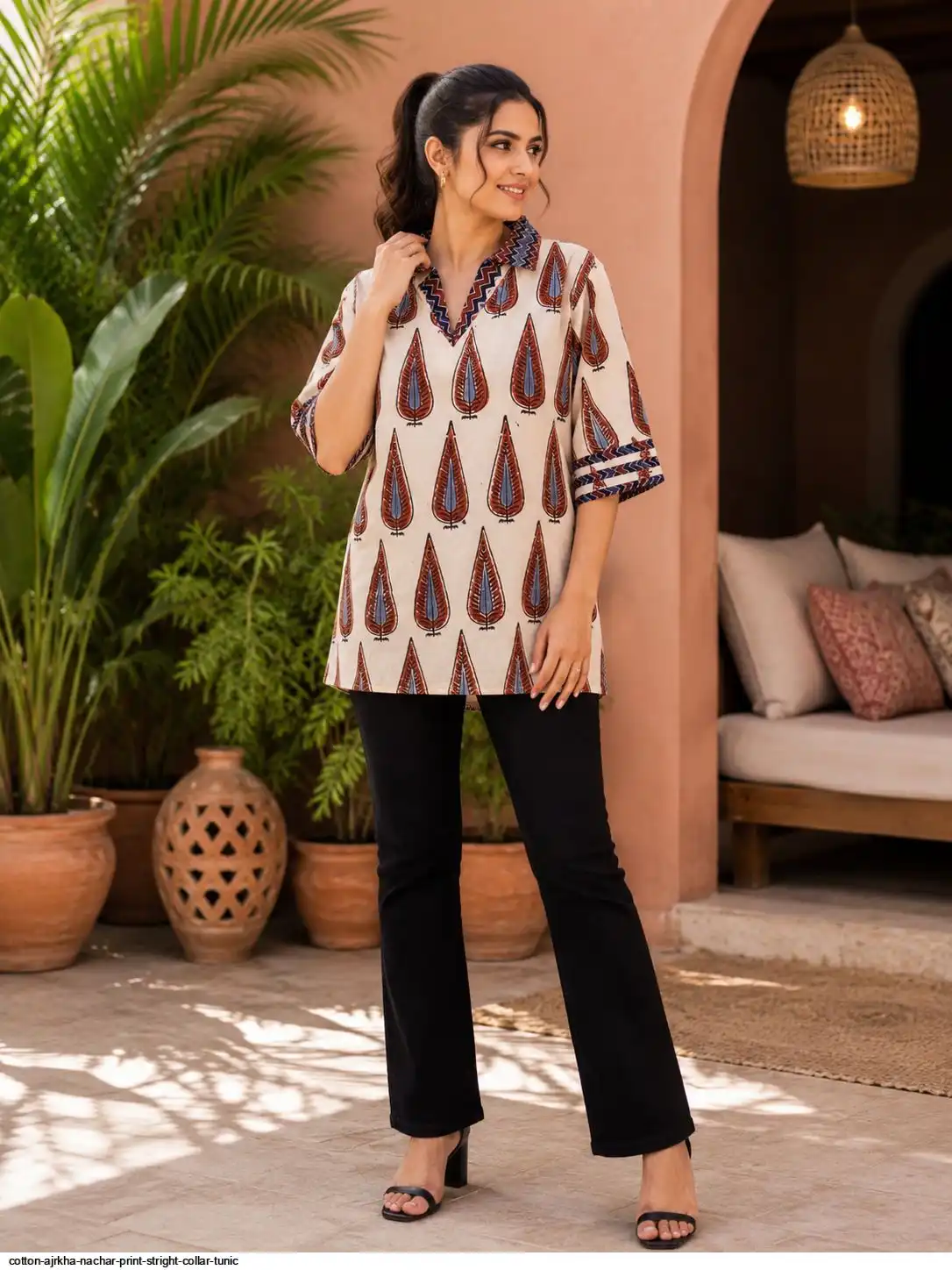 COTTON AJRKHA NACHAR PRINT STRIGHT COLLAR TUNIC F