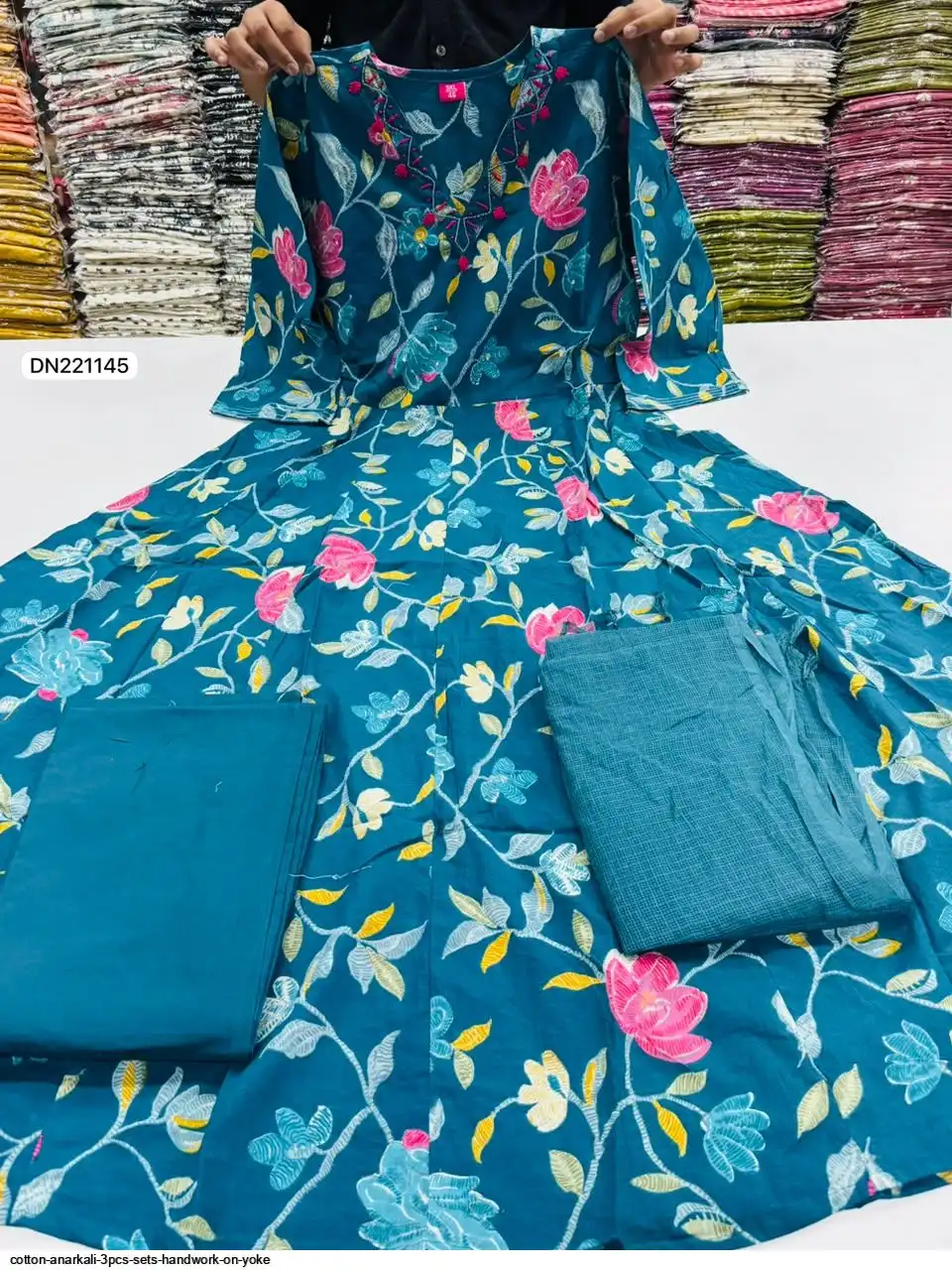 COTTON ANARKALI 3PCS SETS HANDWORK ON YOKE A