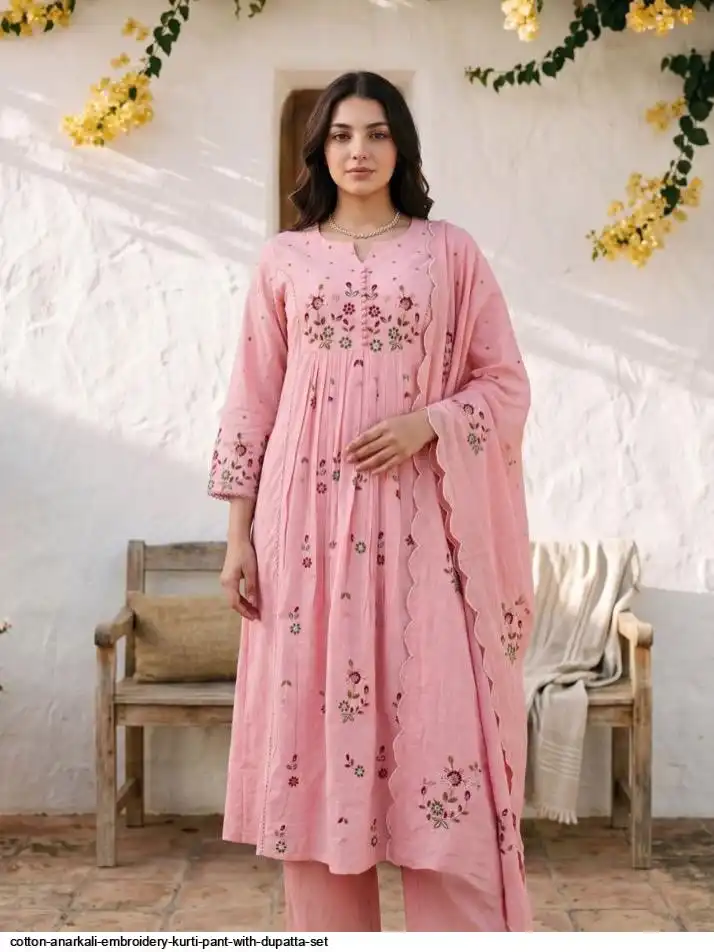 COTTON ANARKALI EMBROIDERY KURTI PANT WITH DUPATTA SET A