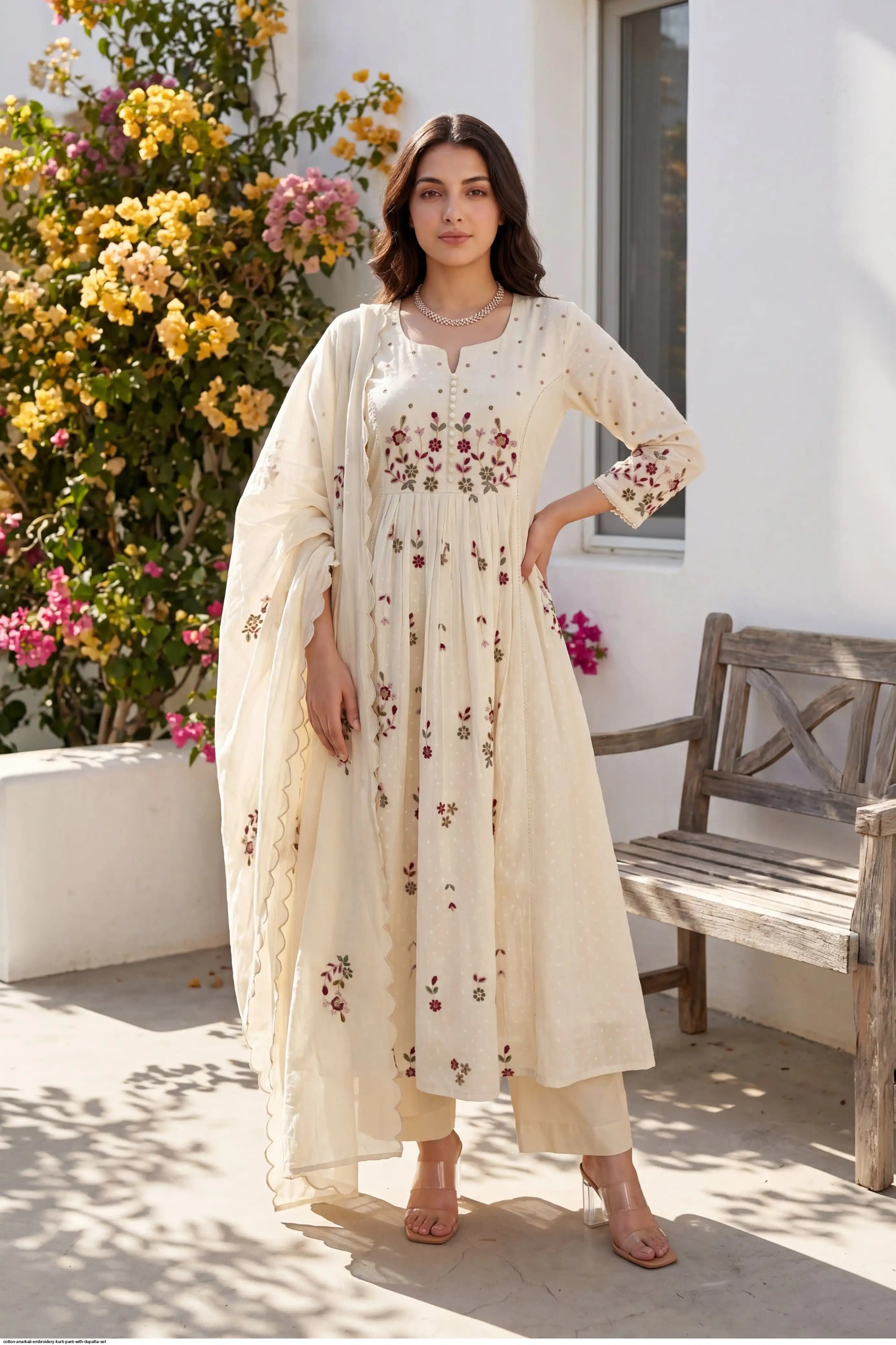 COTTON ANARKALI EMBROIDERY KURTI PANT WITH DUPATTA SET B