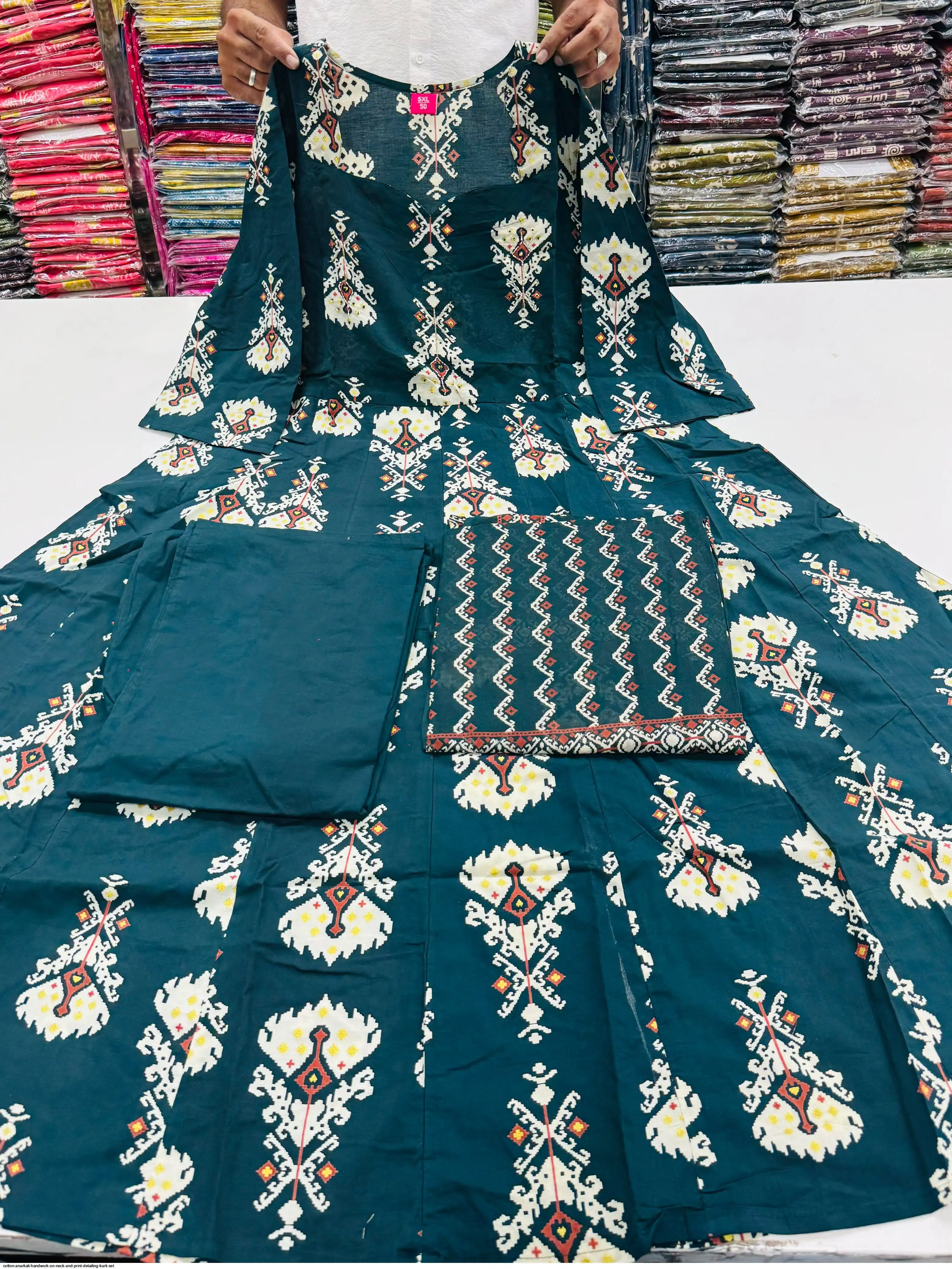 COTTON ANARKALI HANDWORK ON NECK AND PRINT DETAILING KURTI SET A