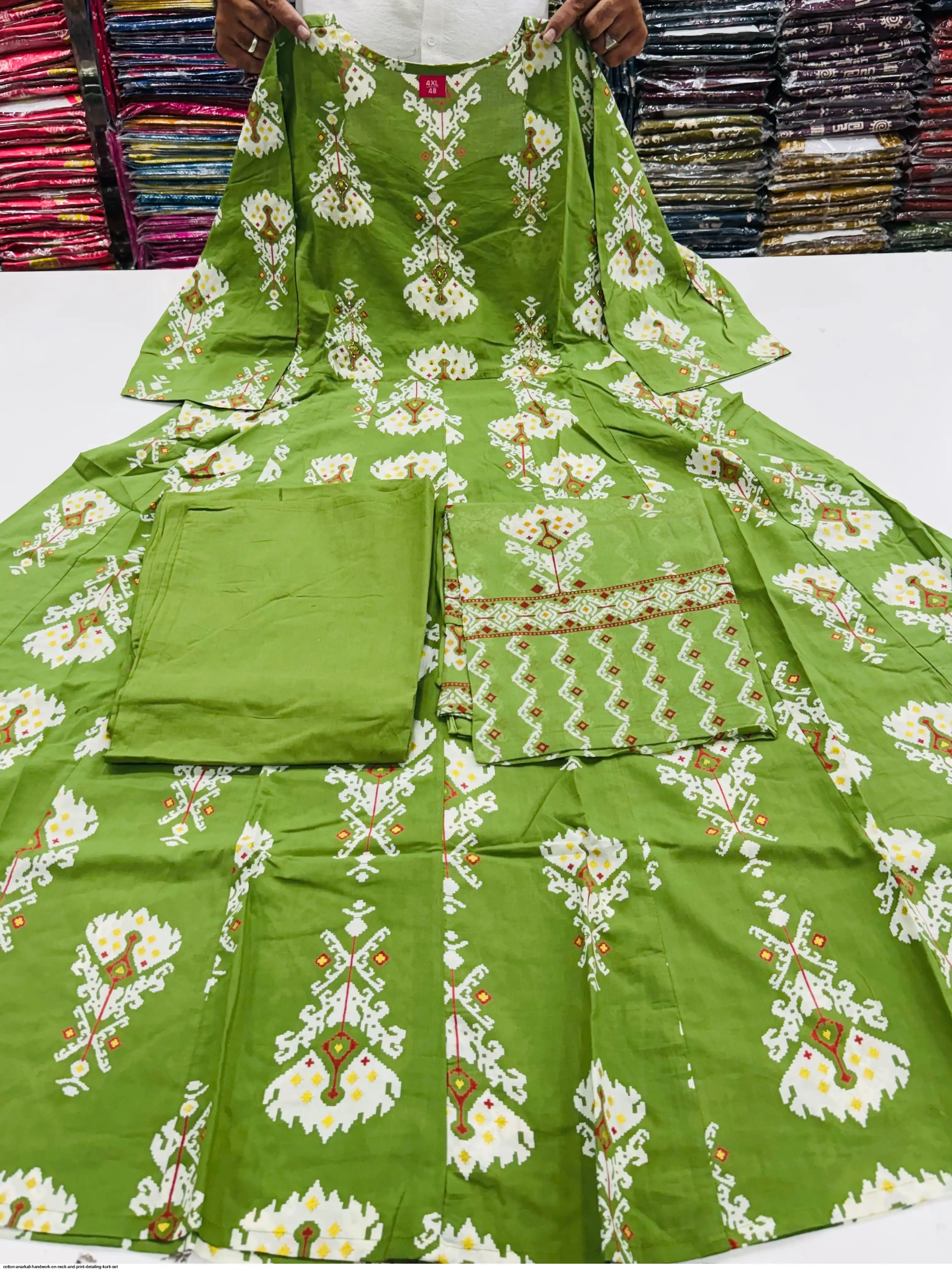 COTTON ANARKALI HANDWORK ON NECK AND PRINT DETAILING KURTI SET C