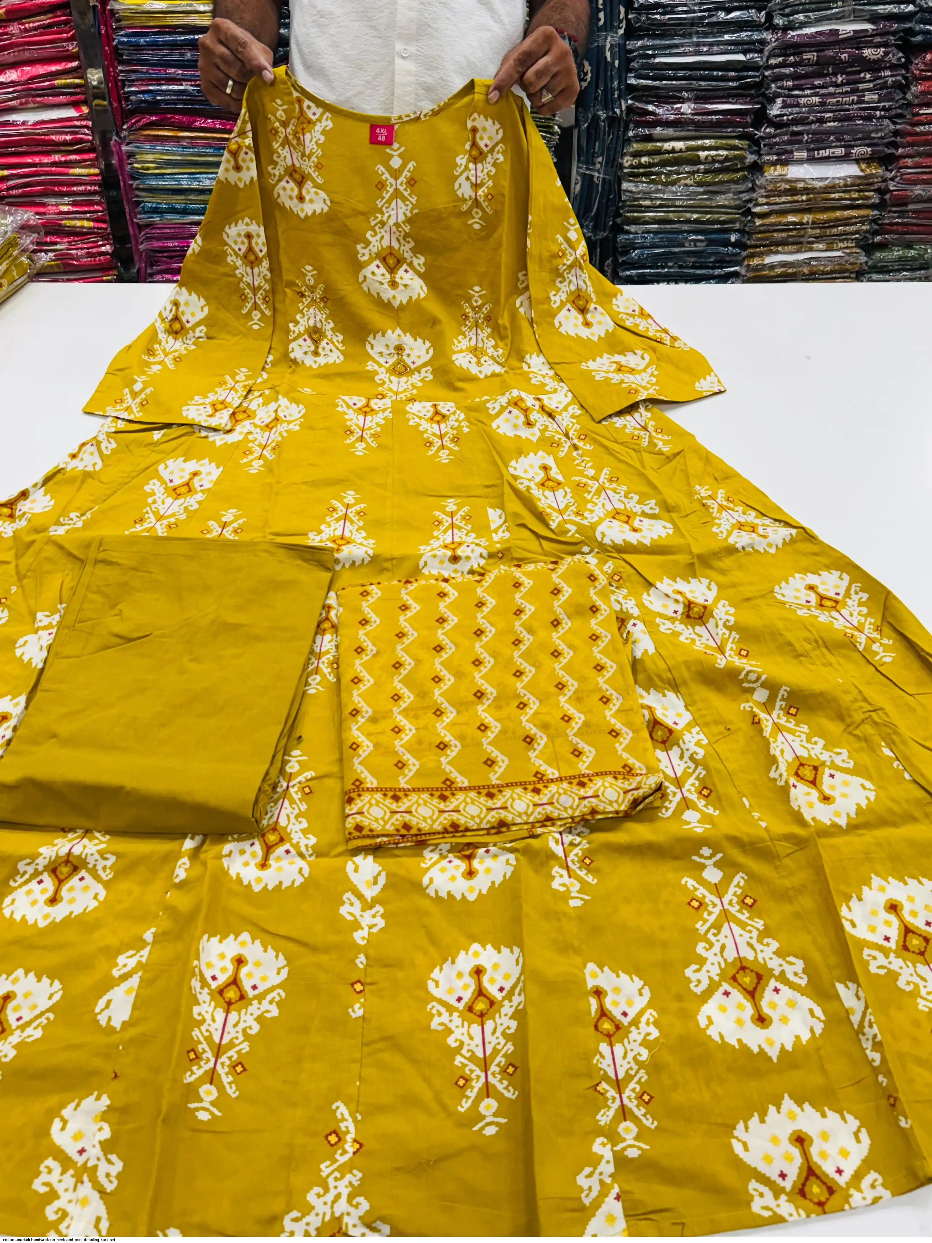 COTTON ANARKALI HANDWORK ON NECK AND PRINT DETAILING KURTI SET B