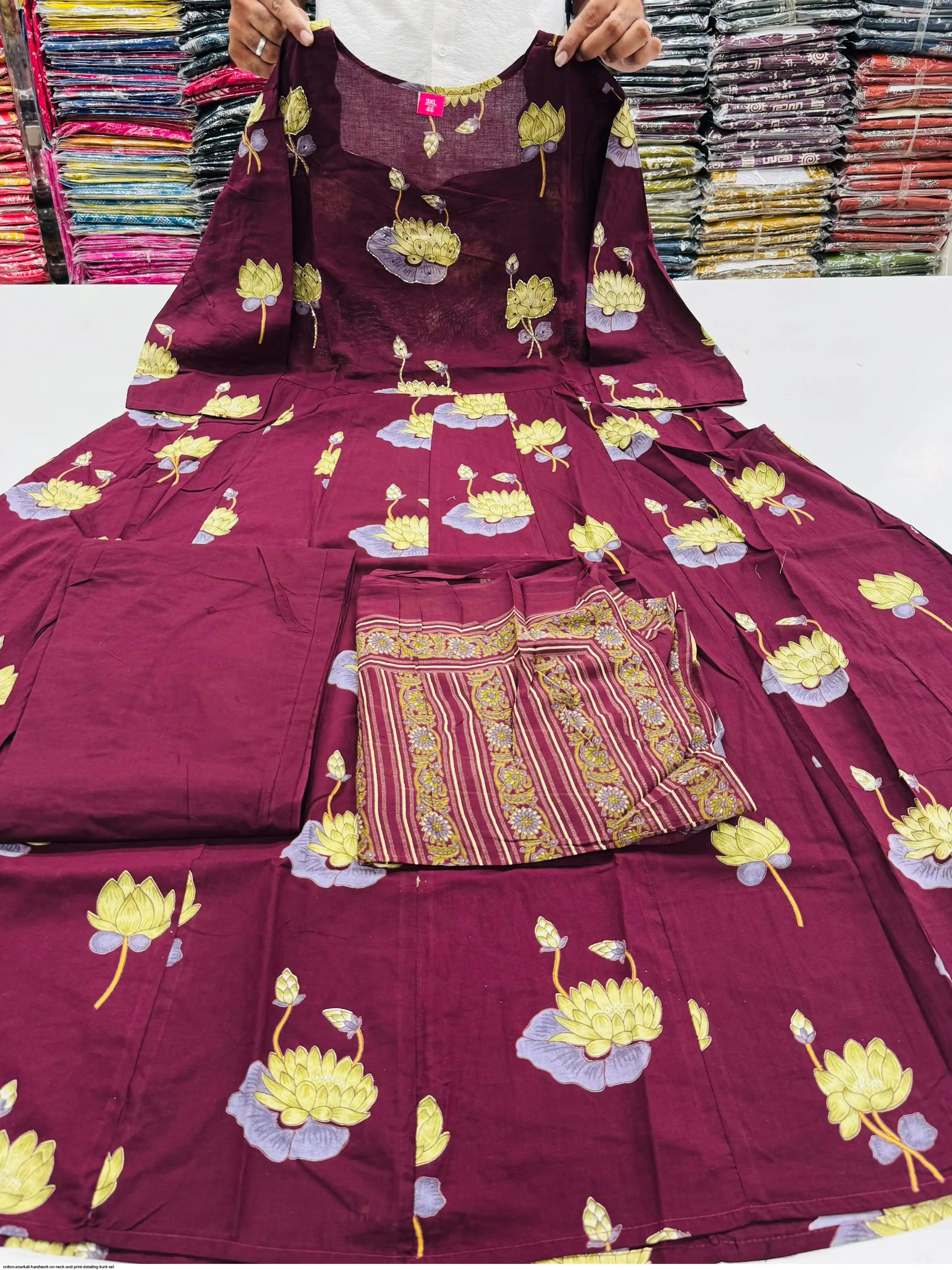 COTTON ANARKALI HANDWORK ON NECK AND PRINT DETAILING KURTI SET D