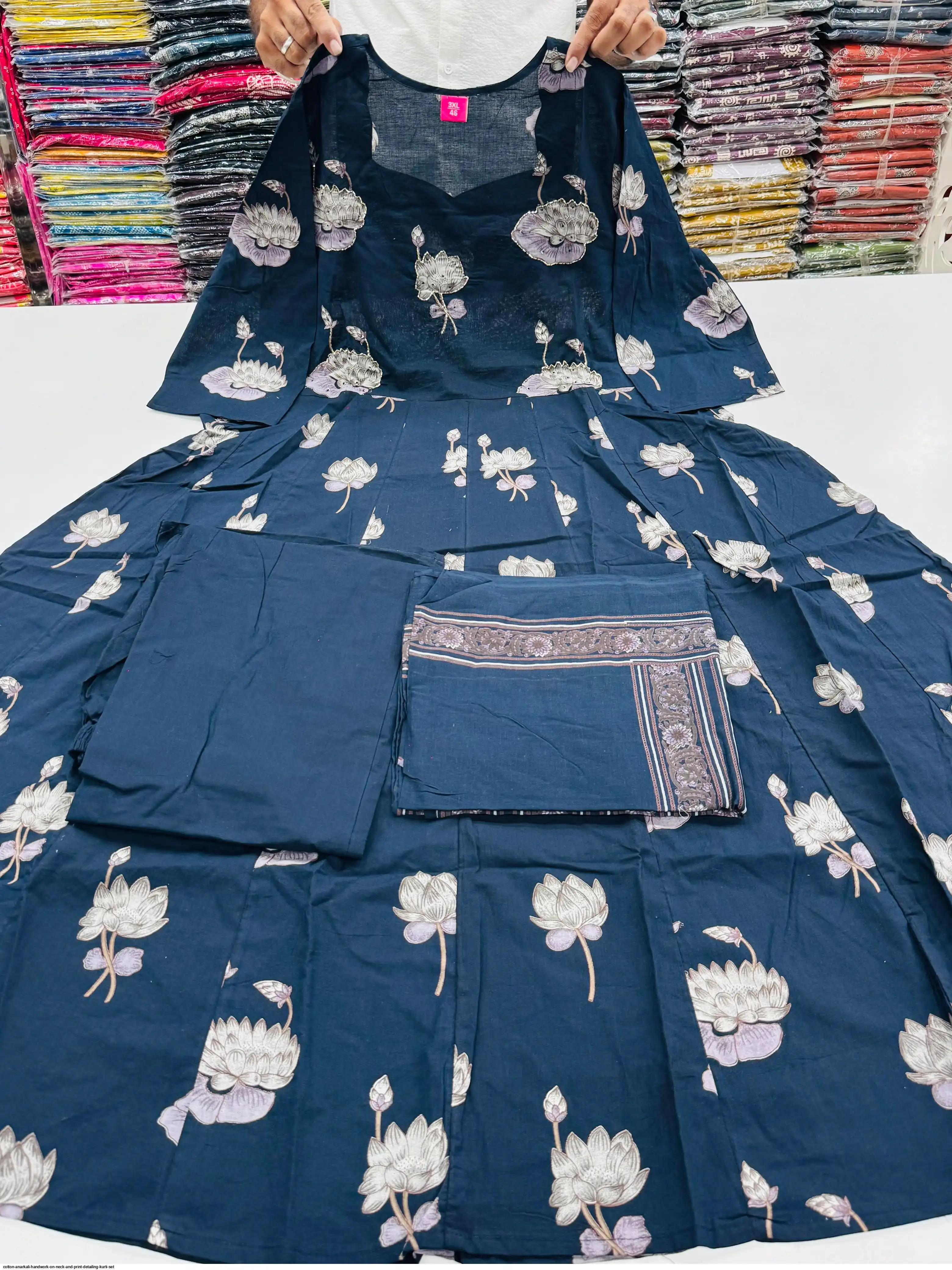 COTTON ANARKALI HANDWORK ON NECK AND PRINT DETAILING KURTI SET E