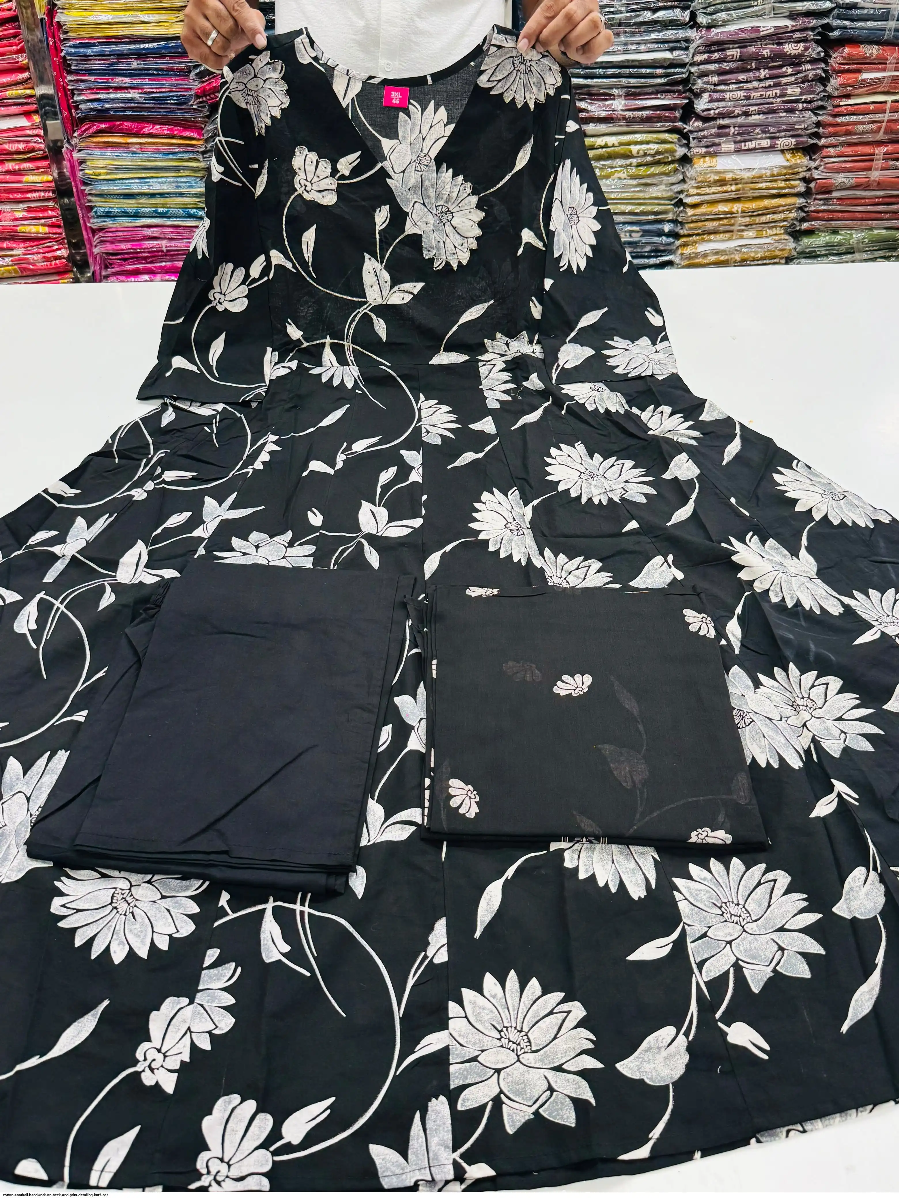 COTTON ANARKALI HANDWORK ON NECK AND PRINT DETAILING KURTI SET G