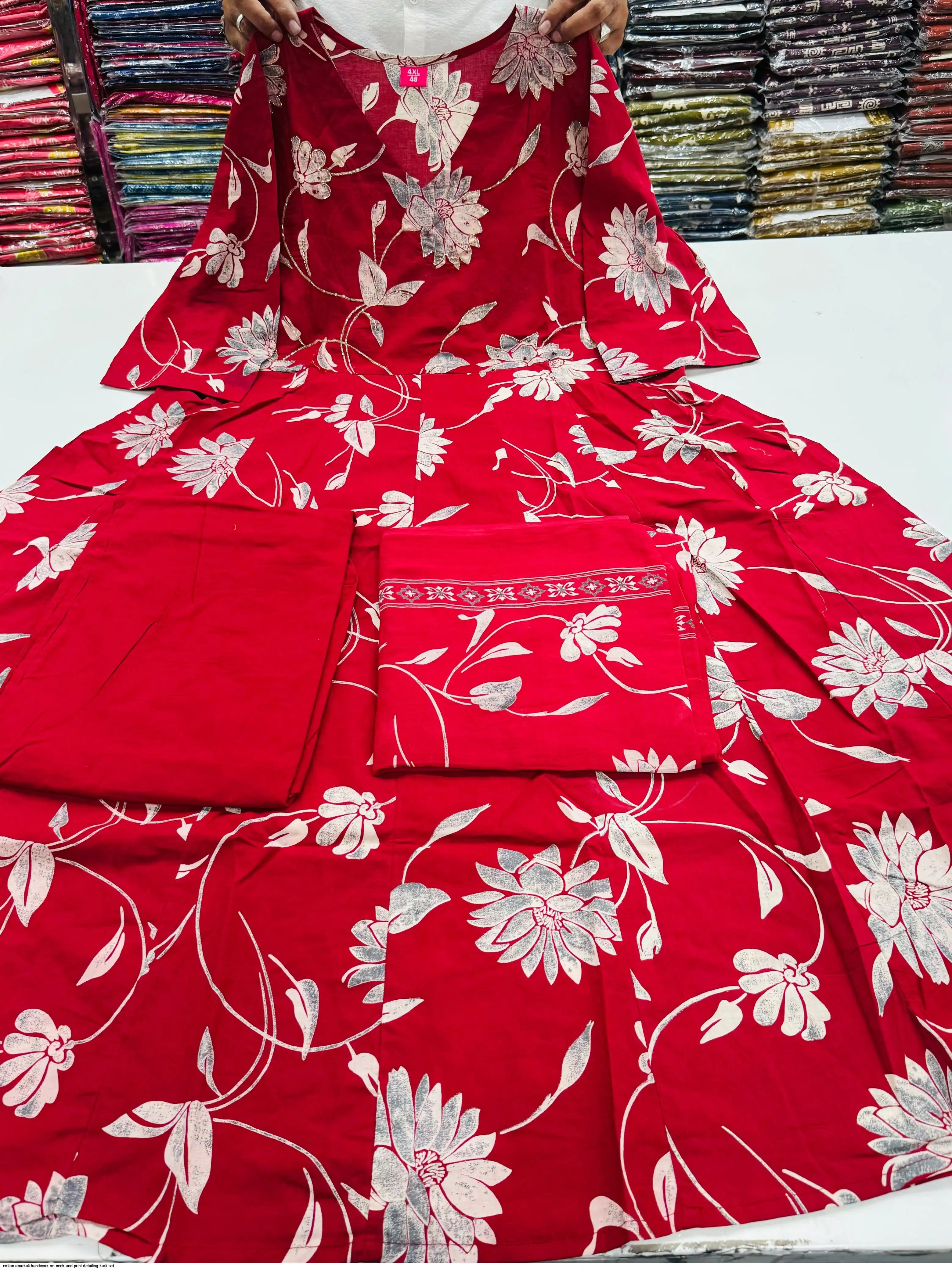 COTTON ANARKALI HANDWORK ON NECK AND PRINT DETAILING KURTI SET F