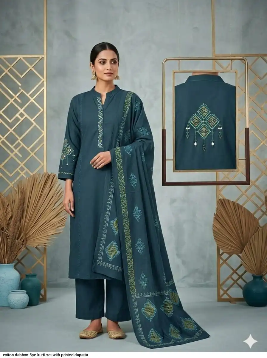 COTTON DABBOO 3PC KURTI SET WITH PRINTED DUPATTA C