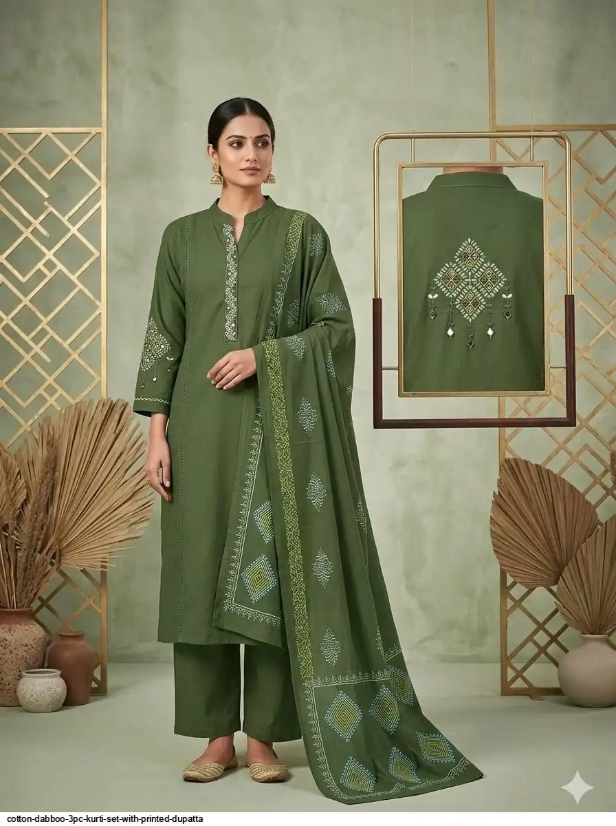 COTTON DABBOO 3PC KURTI SET WITH PRINTED DUPATTA B