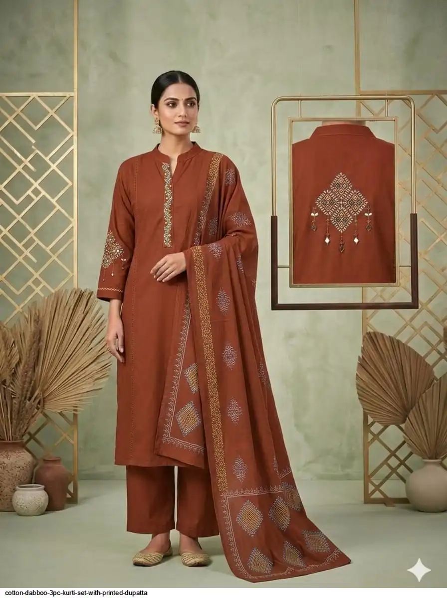 COTTON DABBOO 3PC KURTI SET WITH PRINTED DUPATTA A