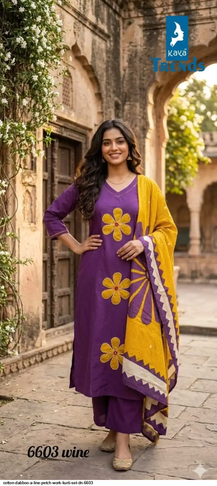 KAYA COTTON DABBOO A LINE PETCH WORK KURTI SET DN 6603 B