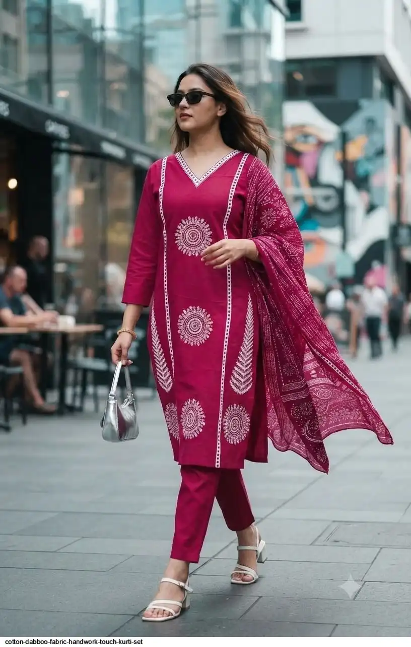 COTTON DABBOO FABRIC HANDWORK TOUCH KURTI SET B