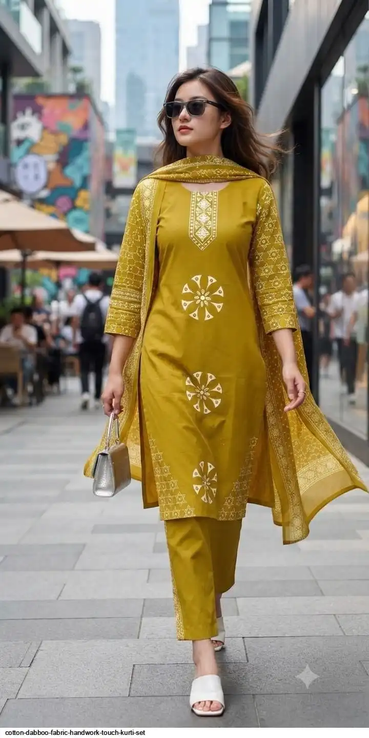COTTON DABBOO FABRIC HANDWORK TOUCH KURTI SET D