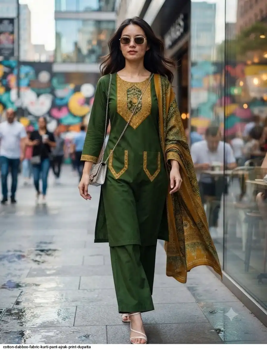 COTTON DABBOO FABRIC KURTI PANT AJRAK PRINT DUPATTA B