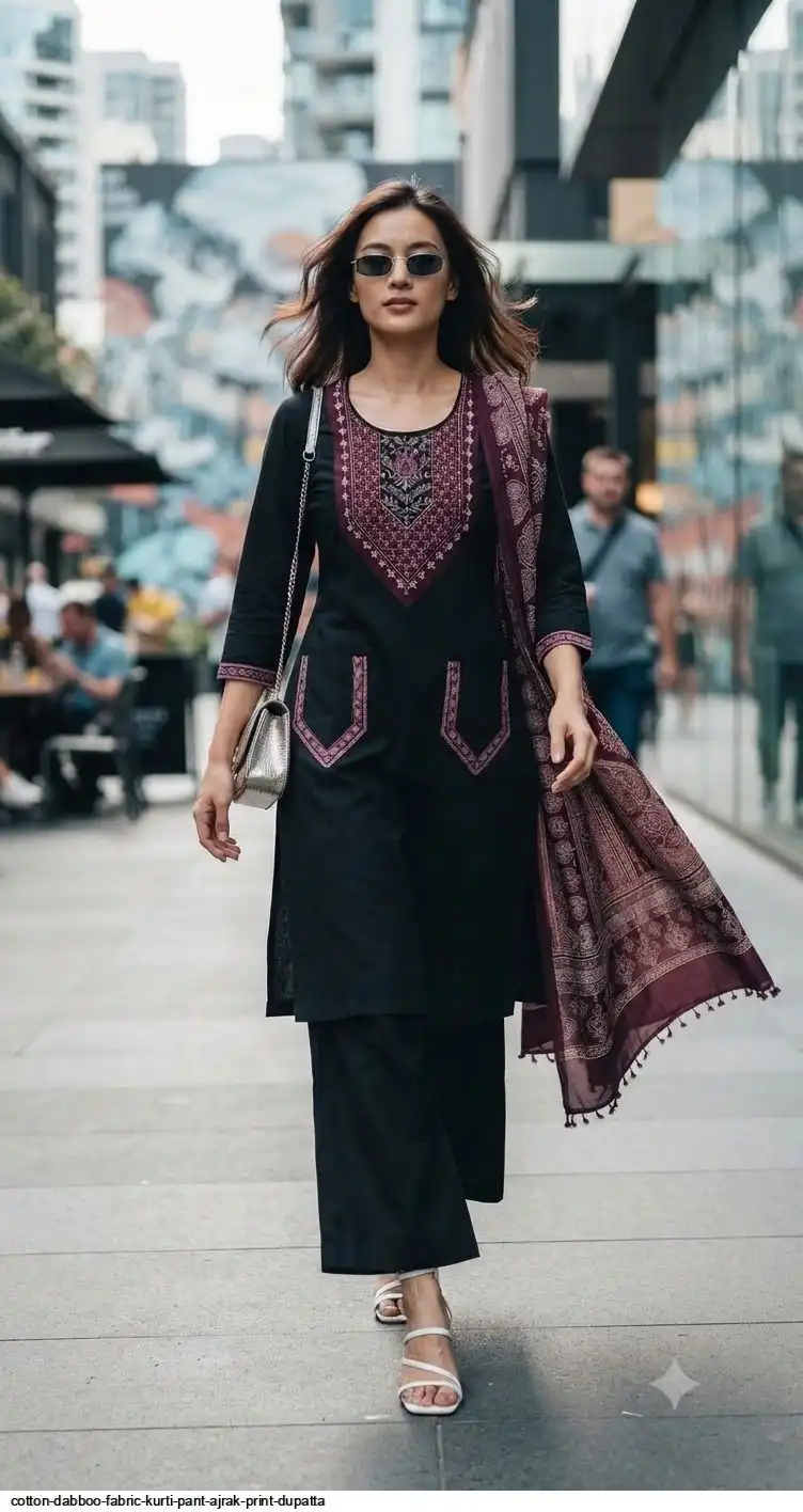 COTTON DABBOO FABRIC KURTI PANT AJRAK PRINT DUPATTA C
