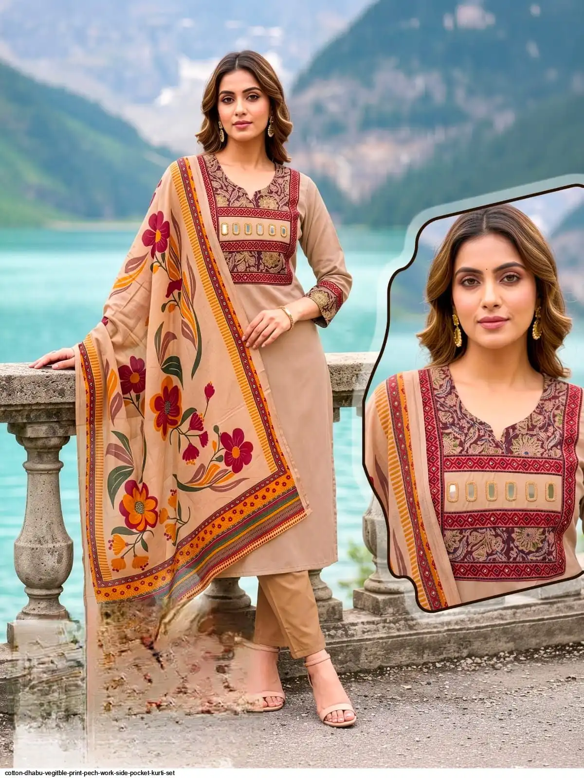 COTTON DHABU VEGITBLE PRINT PECH WORK SIDE POCKET KURTI SET A