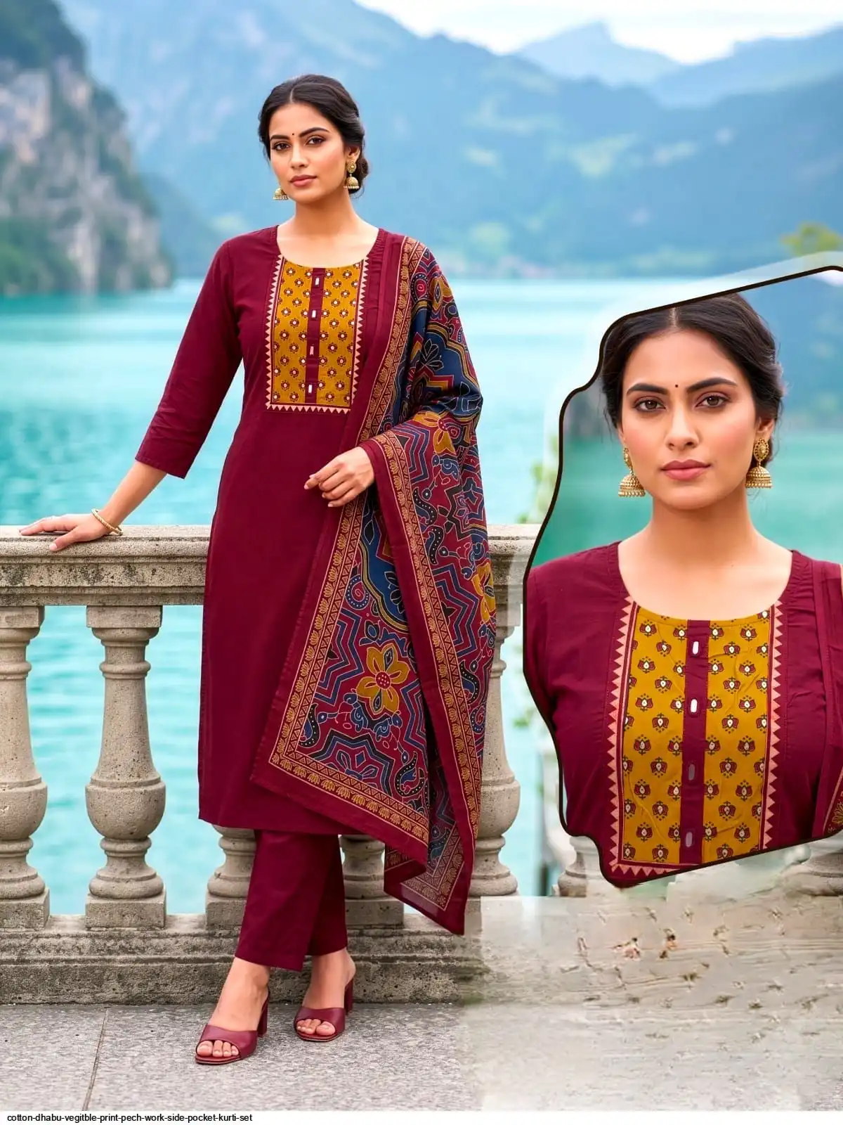 COTTON DHABU VEGITBLE PRINT PECH WORK SIDE POCKET KURTI SET C