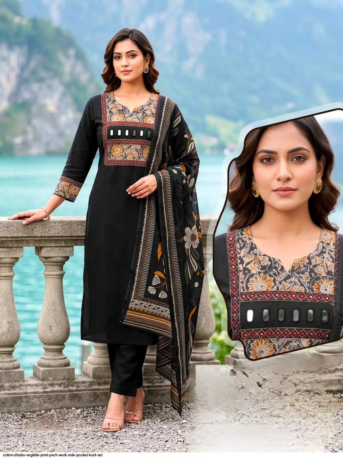 COTTON DHABU VEGITBLE PRINT PECH WORK SIDE POCKET KURTI SET B