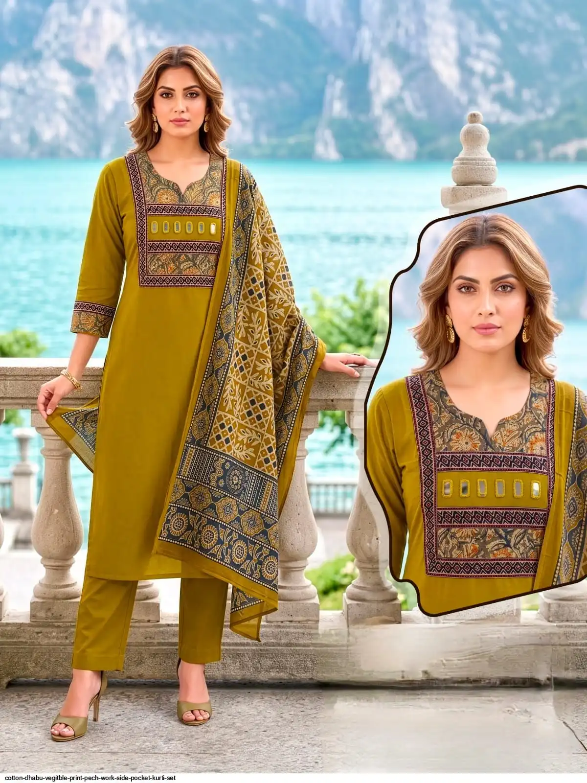 COTTON DHABU VEGITBLE PRINT PECH WORK SIDE POCKET KURTI SET D