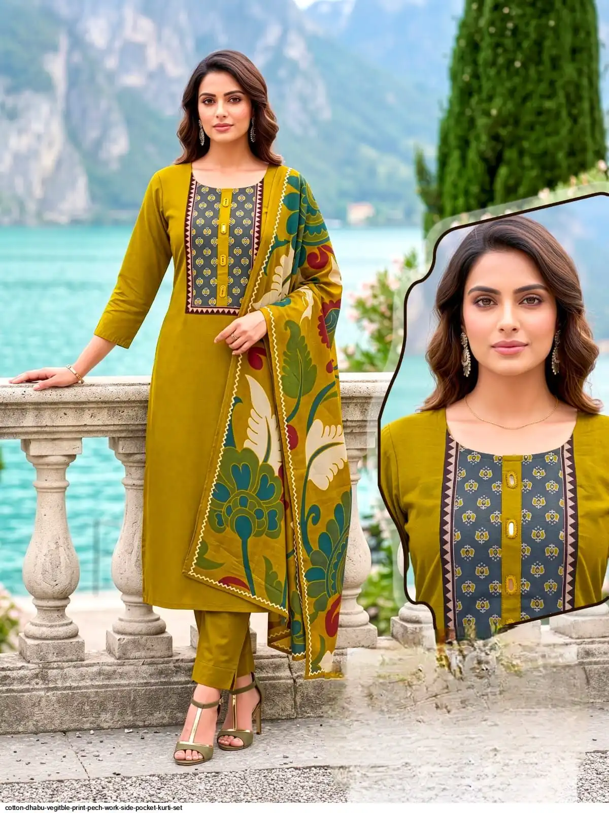COTTON DHABU VEGITBLE PRINT PECH WORK SIDE POCKET KURTI SET F