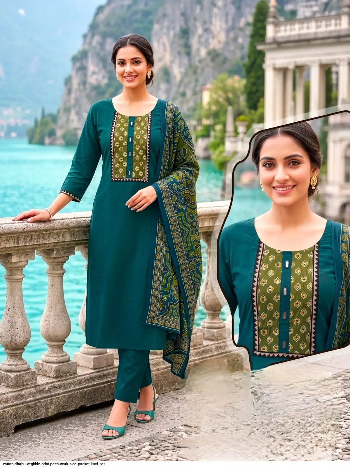 COTTON DHABU VEGITBLE PRINT PECH WORK SIDE POCKET KURTI SET E