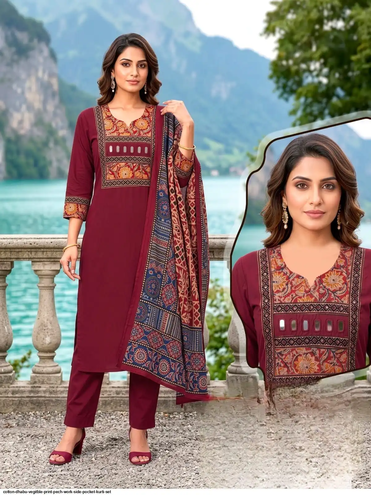 COTTON DHABU VEGITBLE PRINT PECH WORK SIDE POCKET KURTI SET G