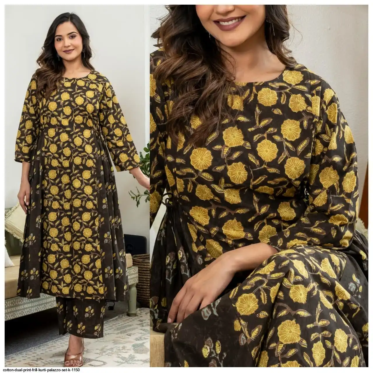 COTTON DUAL PRINT FRILL KURTI PALAZZO SET K 1150 B