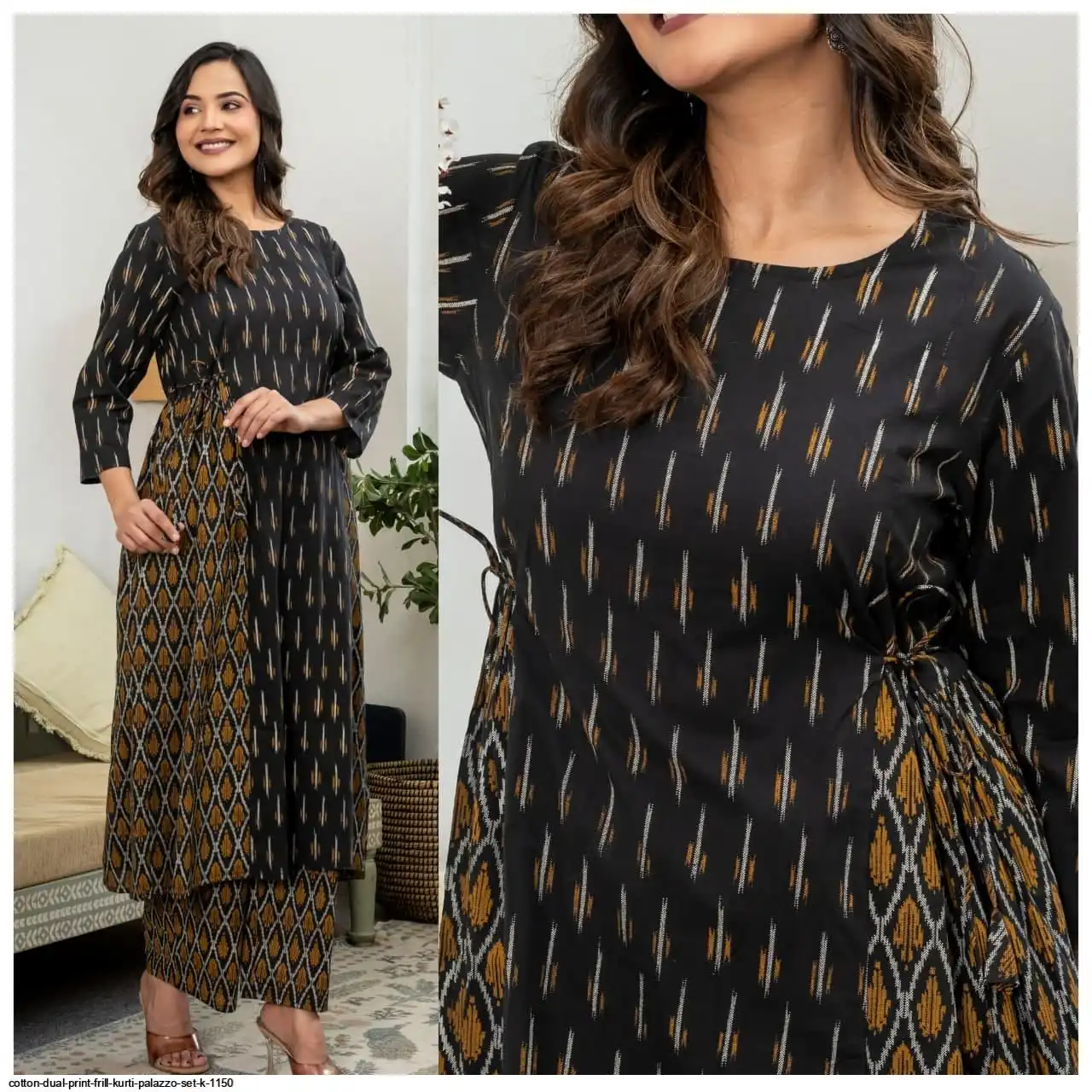 COTTON DUAL PRINT FRILL KURTI PALAZZO SET K 1150 A