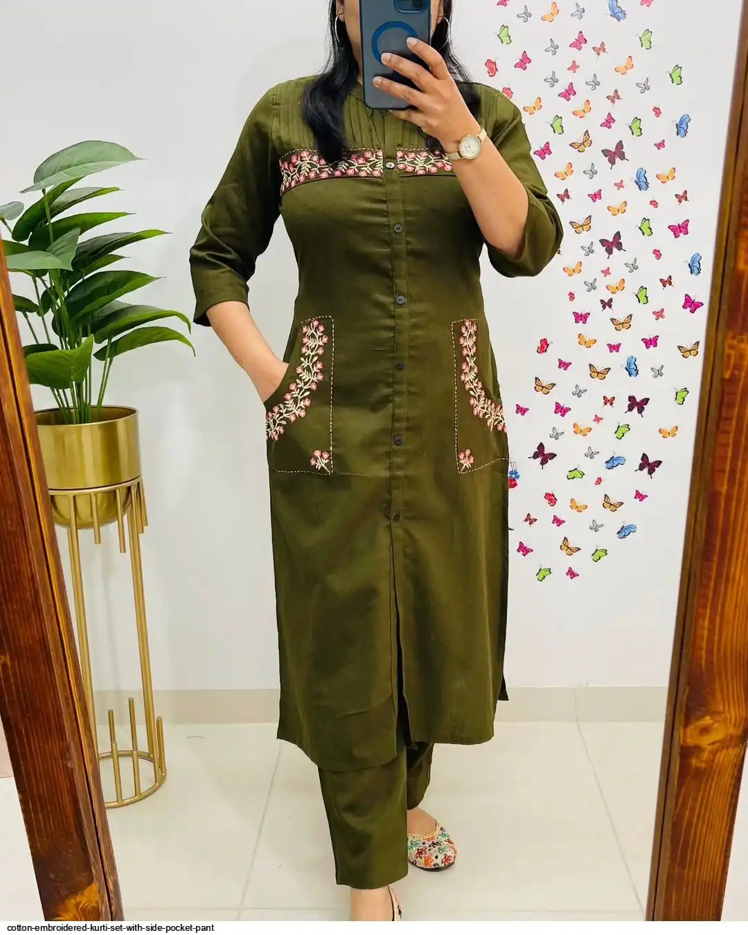 COTTON EMBROIDERED KURTI SET WITH SIDE POCKET PANT A