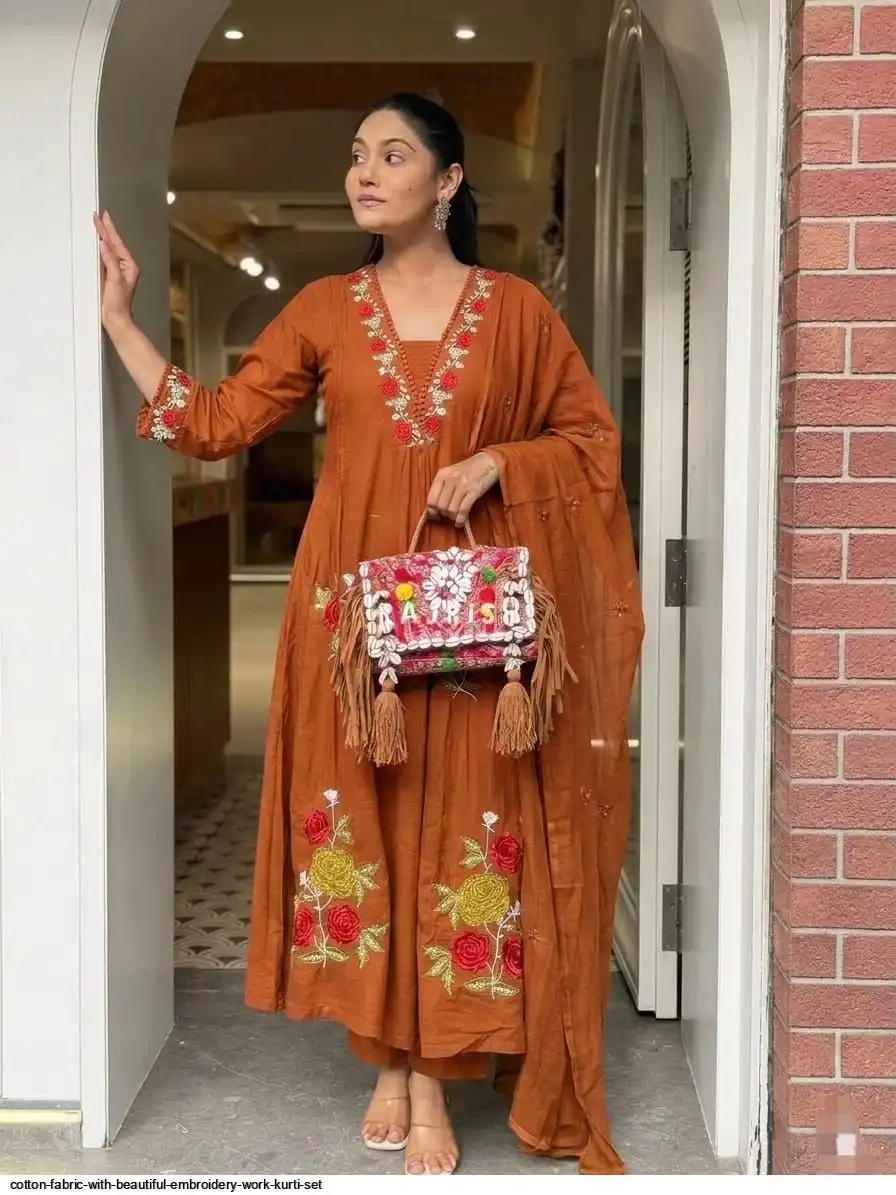 COTTON FABRIC WITH BEAUTIFUL EMBROIDERY WORK KURTI SET B