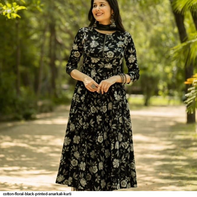 COTTON FLORAL BLACK PRINTED ANARKALI KURTI