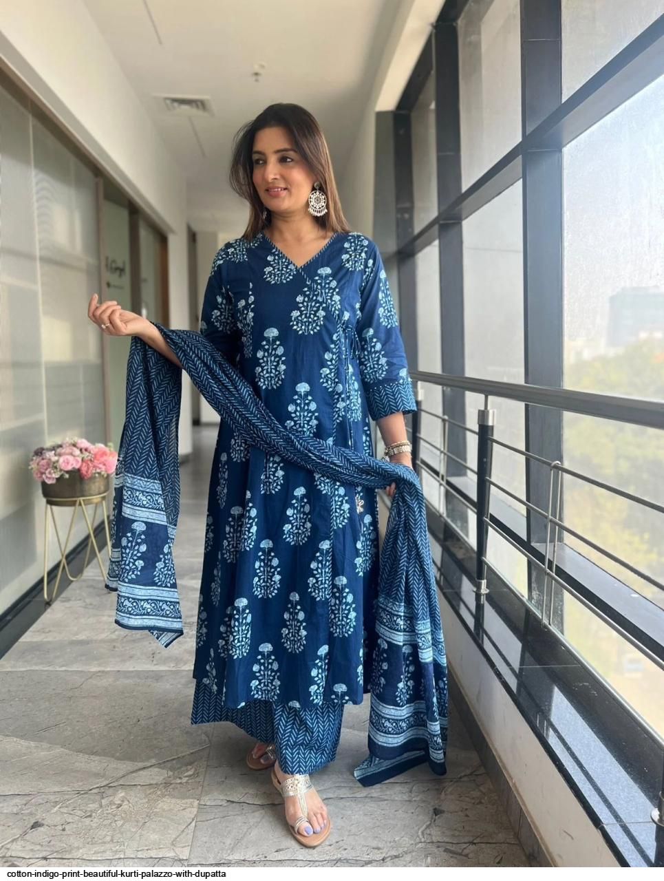 Cotton indigo print beautiful Kurti palazzo with dupatta