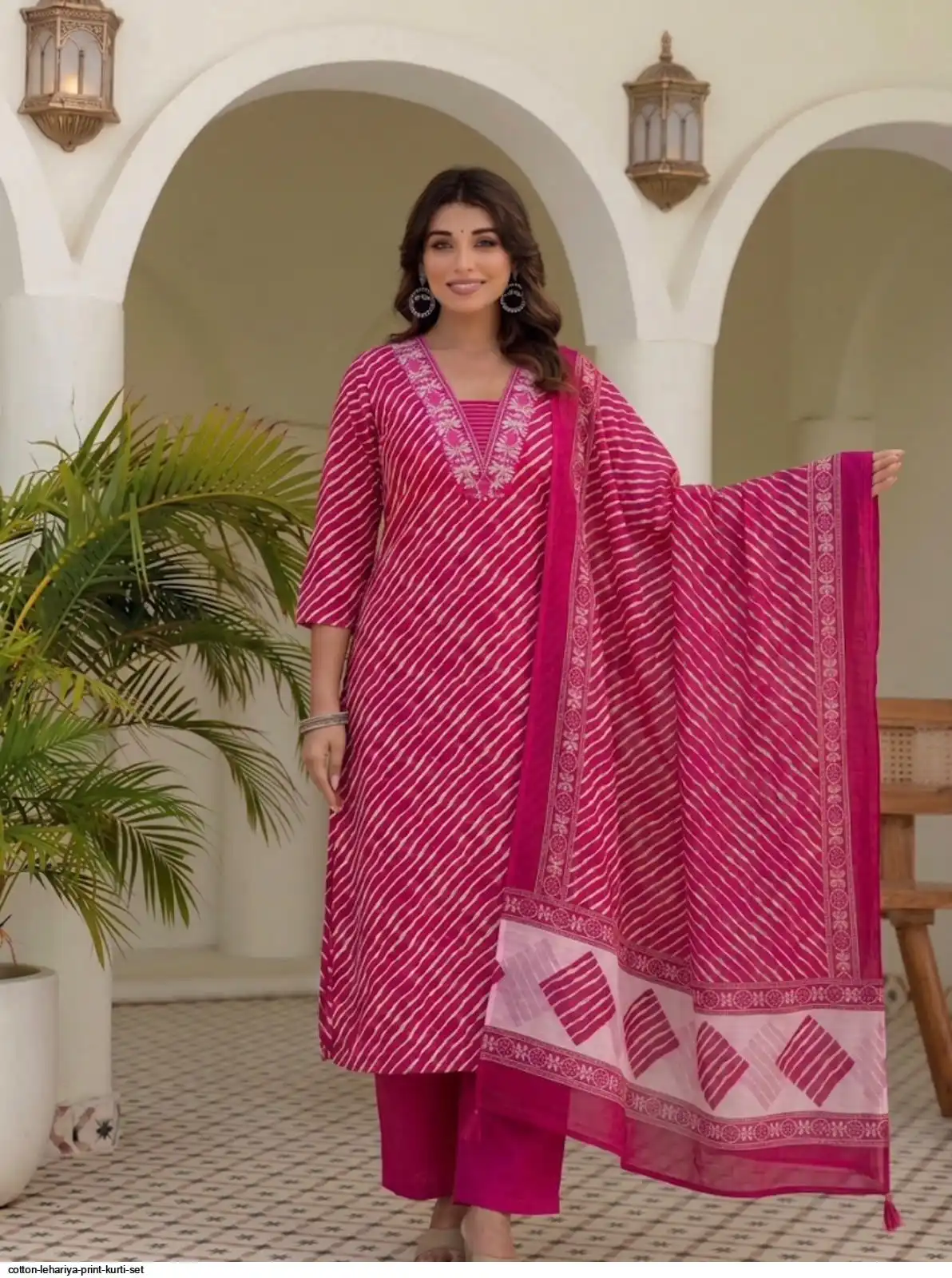 COTTON LEHARIYA PRINT KURTI SET A