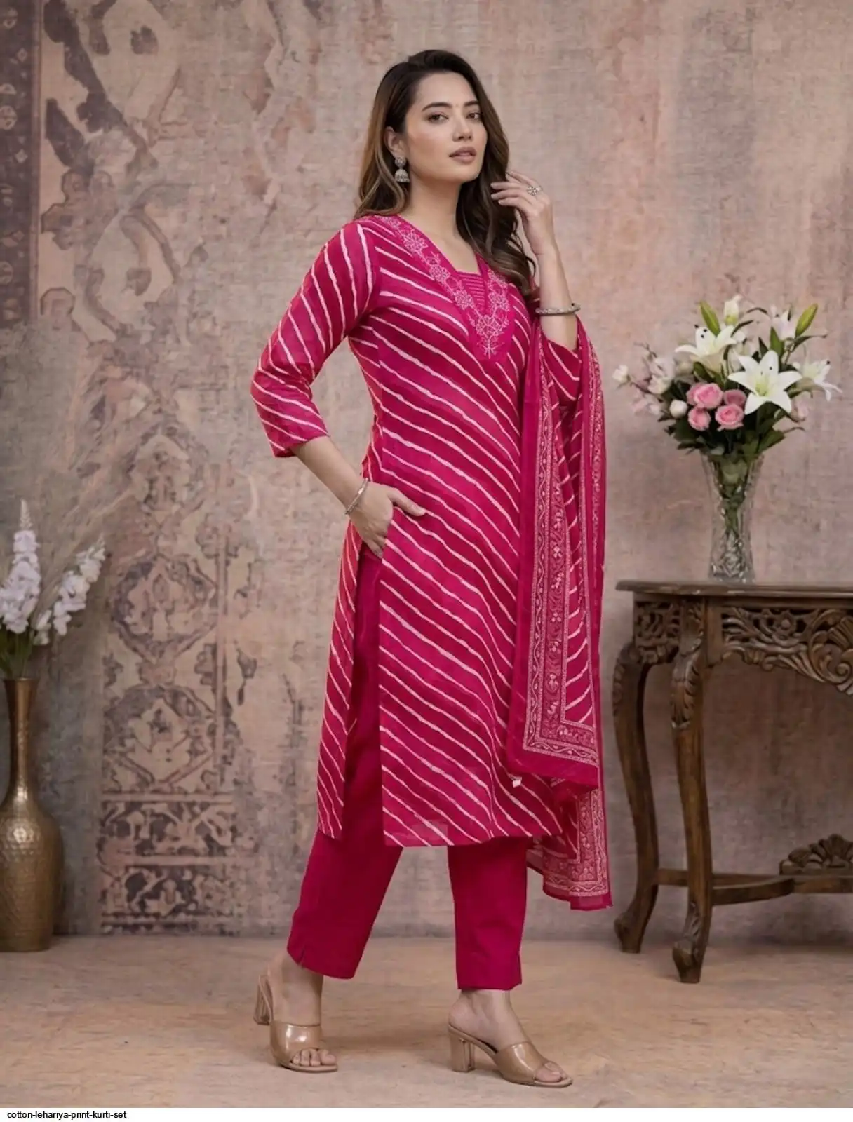 COTTON LEHARIYA PRINT KURTI SET E