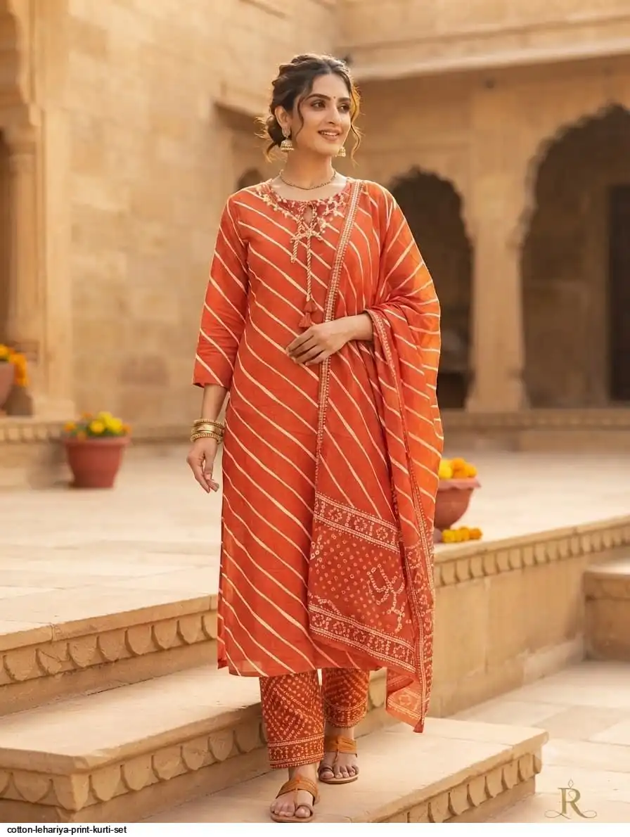 COTTON LEHARIYA PRINT KURTI SET G