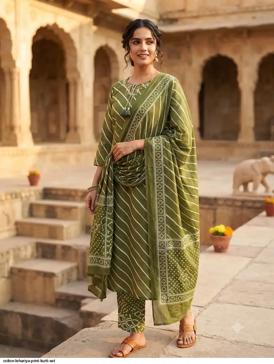 COTTON LEHARIYA PRINT KURTI SET H