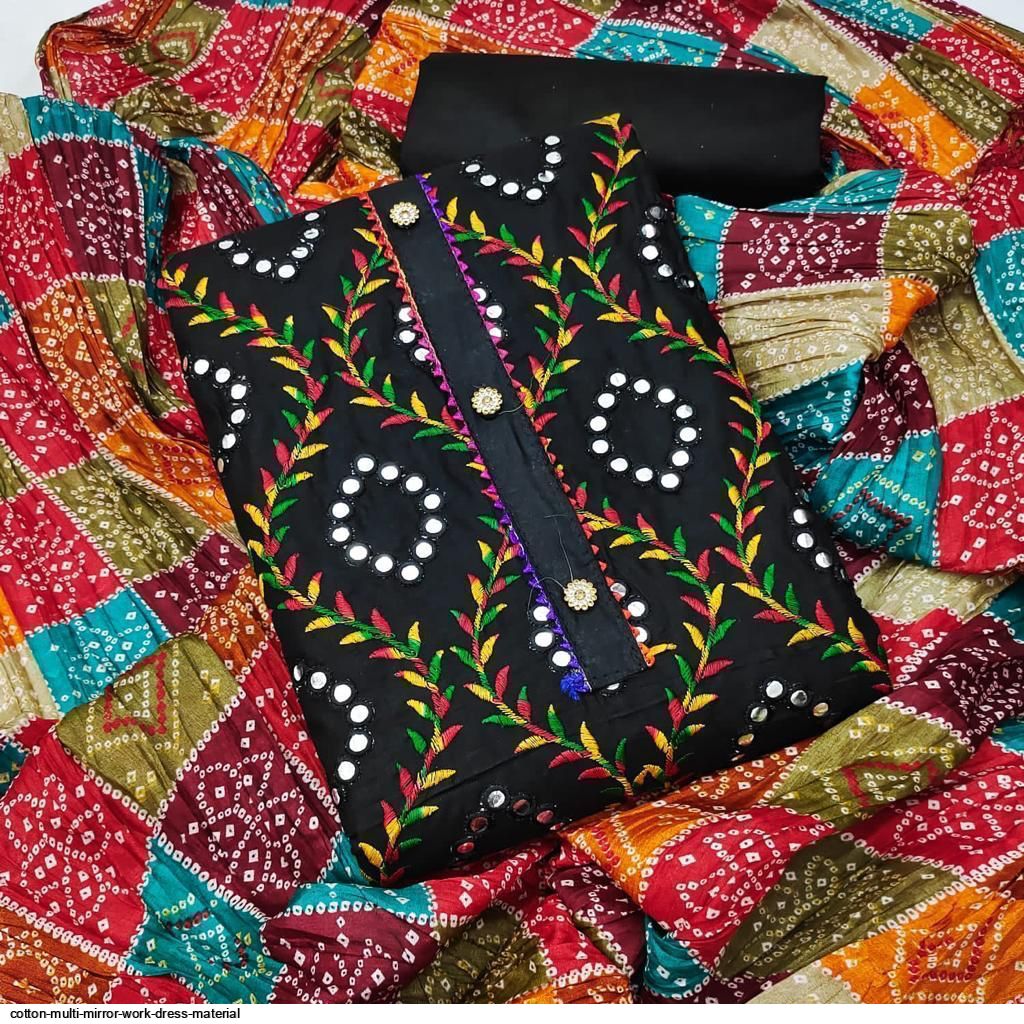 cotton mirror work dress materials Cotton Satin Neckline Mirror Thread work Bandhani Dress Material  (Unstitched)