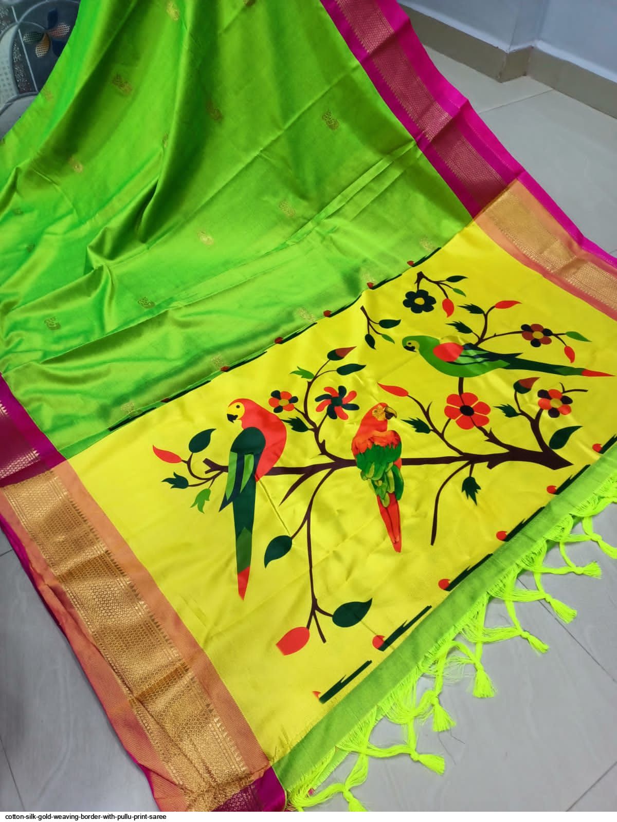 Golden with Silver, Pure Handloom Silk Saree Border Gold Color With Running Blouse
