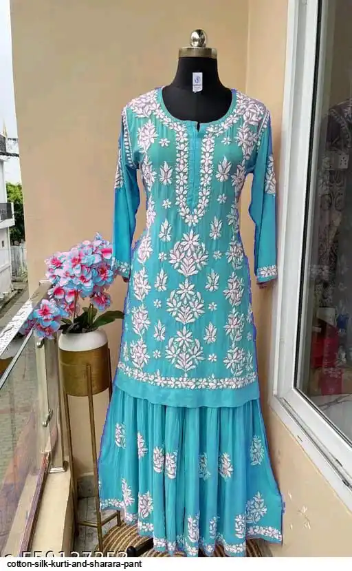 COTTON SILK KURTI AND SHARARA PANT 9