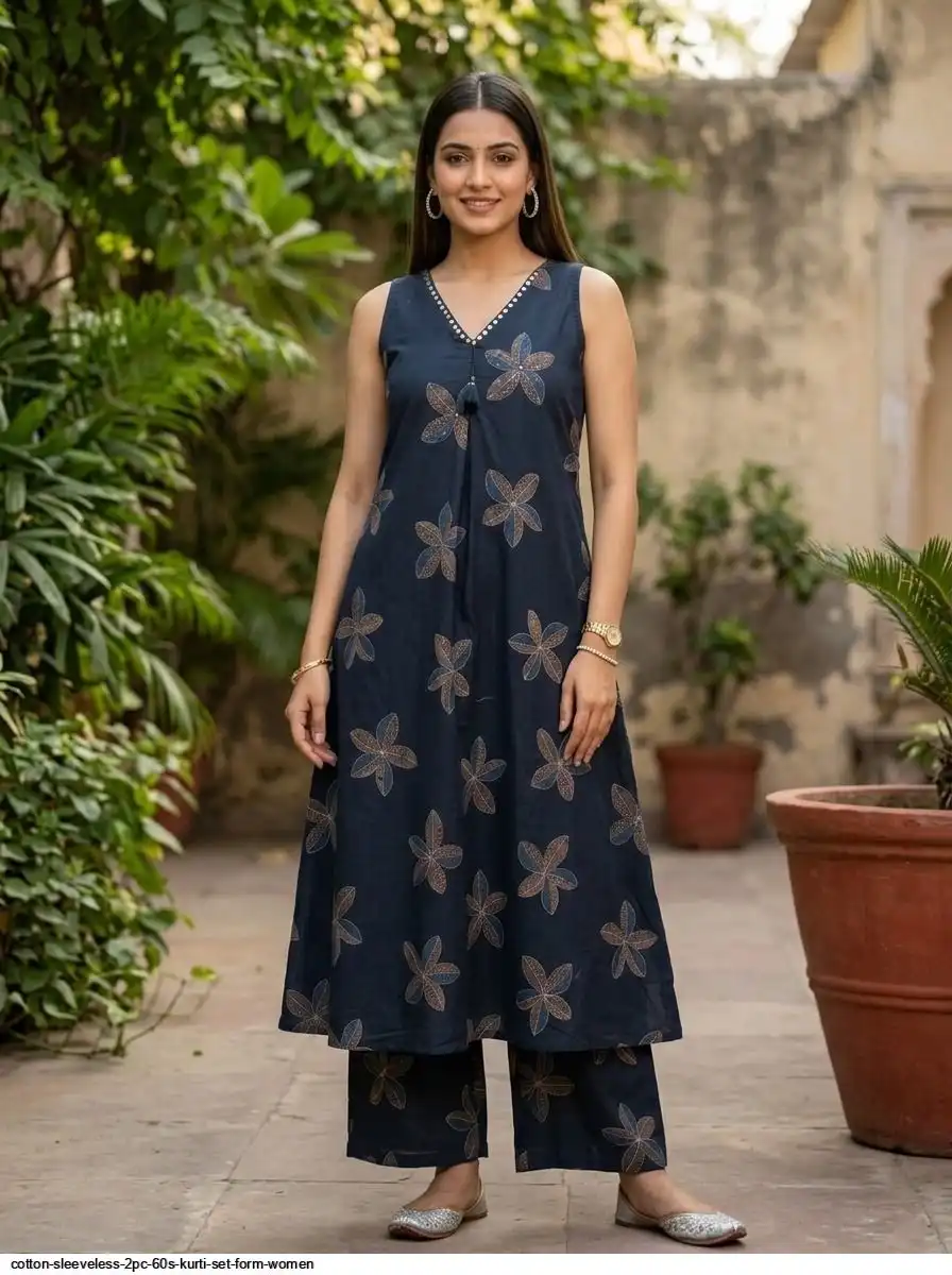 COTTON SLEEVELESS 2PC 60S KURTI SET FORM WOMEN 2
