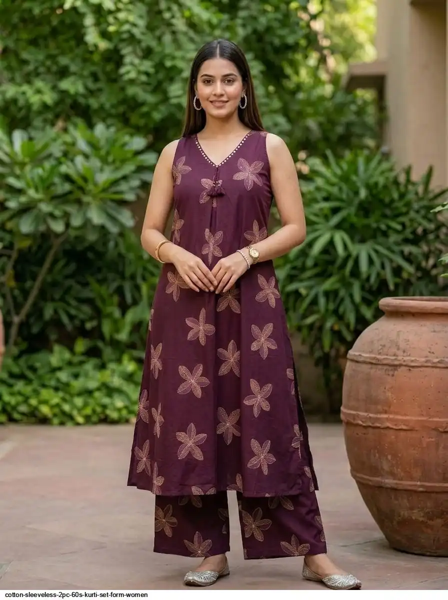 COTTON SLEEVELESS 2PC 60S KURTI SET FORM WOMEN 3