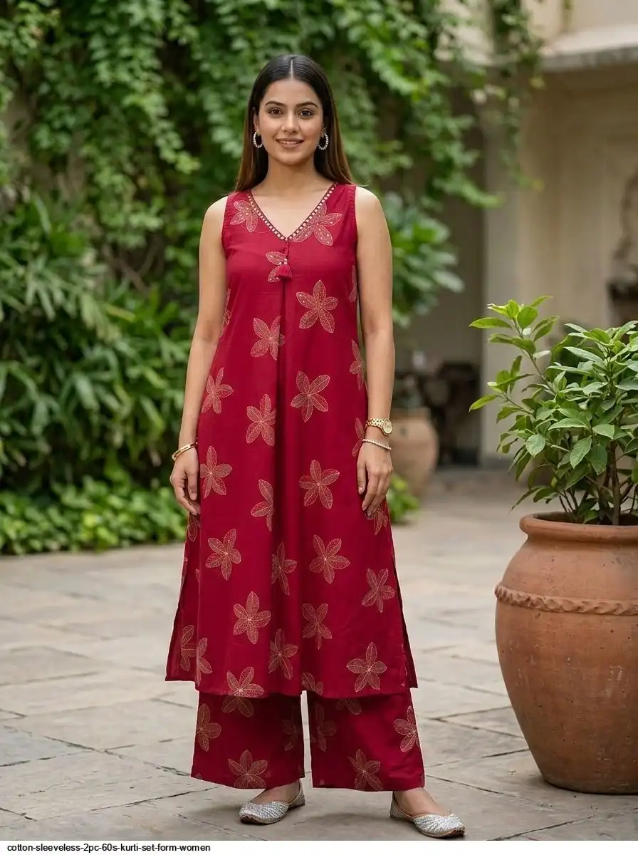 COTTON SLEEVELESS 2PC 60S KURTI SET FORM WOMEN 4
