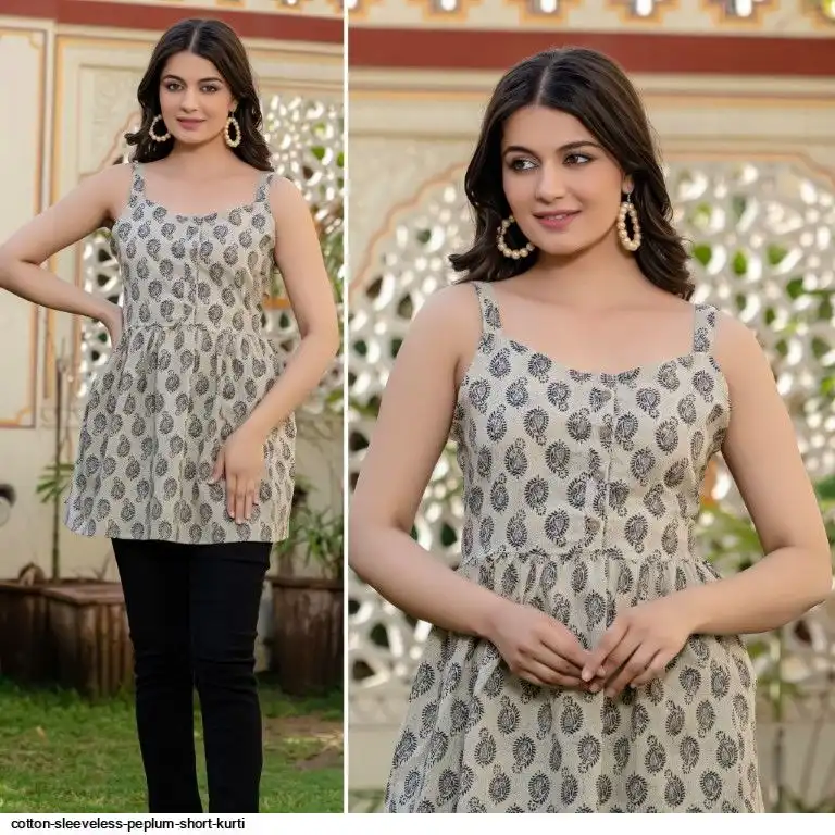 COTTON SLEEVELESS PEPLUM SHORT KURTI