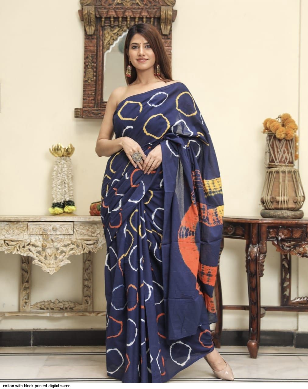 Cotton with block printed digital saree