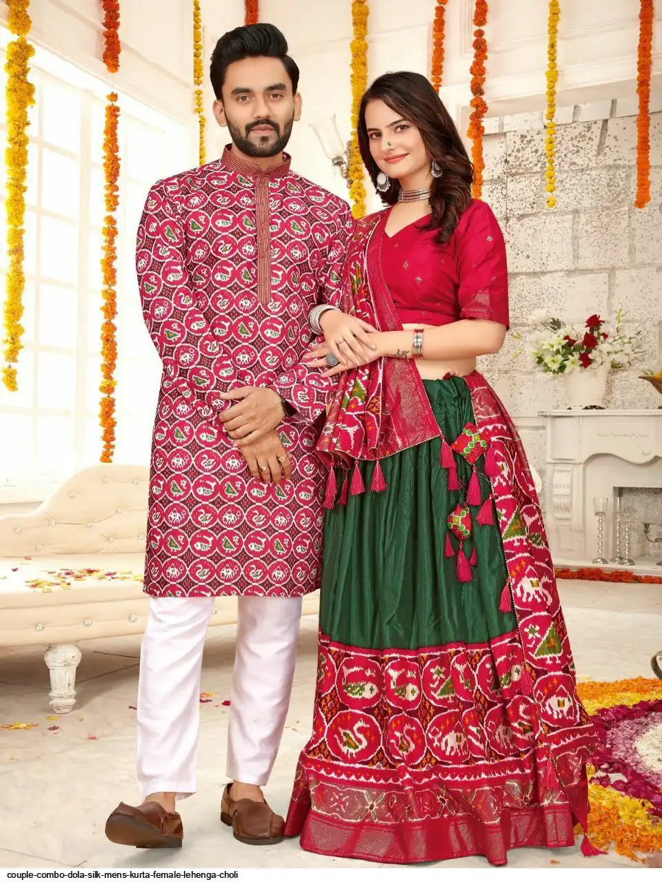 COUPLE COMBO DOLA SILK MENS KURTA FEMALE LEHENGA CHOLI 3